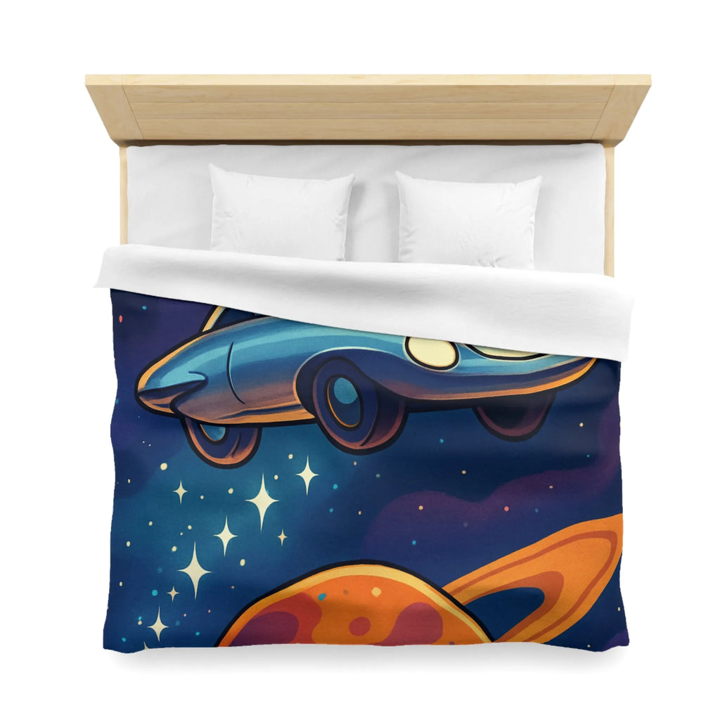 Housse de Couette Artistique Spatiale avec Voiture Volante et Planète Saturne Colorée