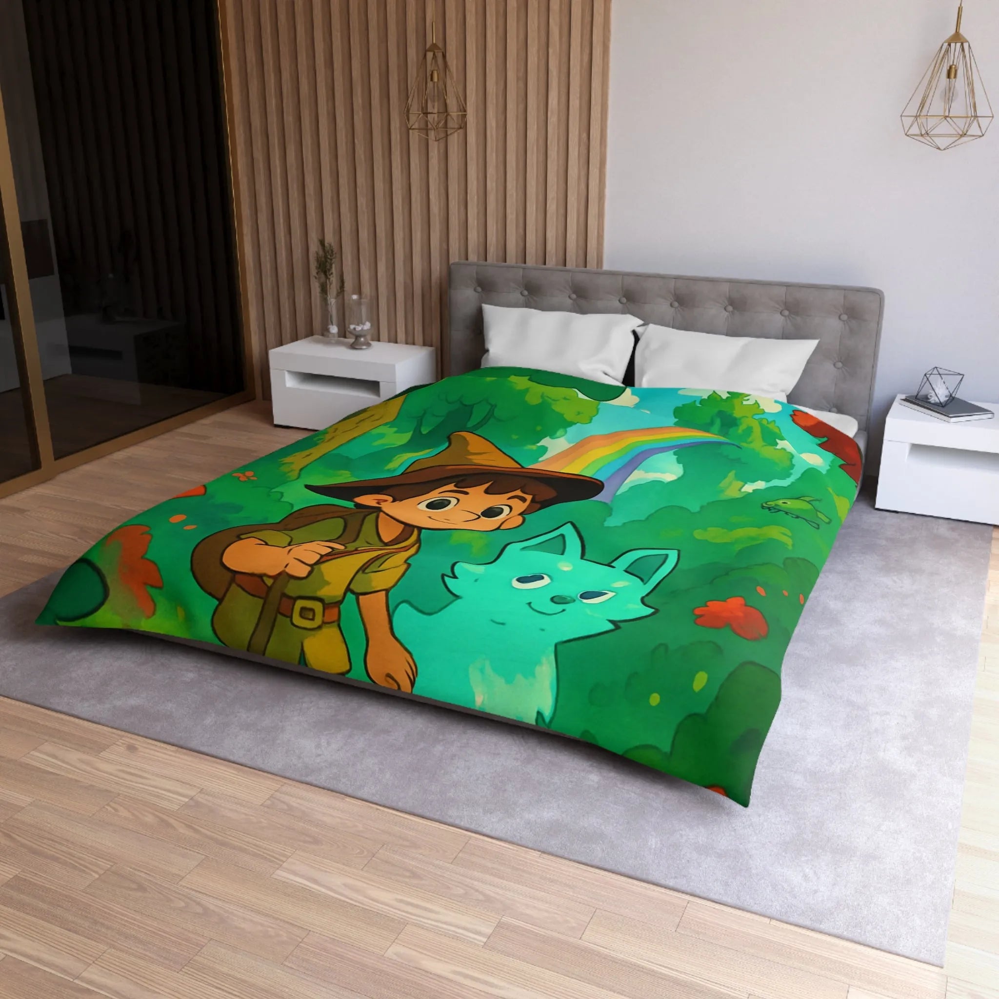 Housse de Couette Enfant avec Petit Sorcier et Animal Magique sous Arc-en-ciel