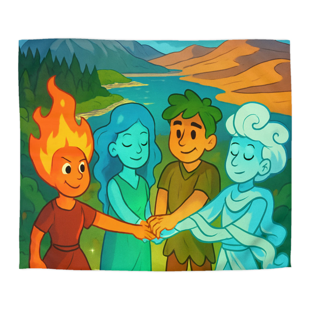 Housse de Couette Nature Enchantée avec Éléments Terre, Feu, Air et Eau Unifiés