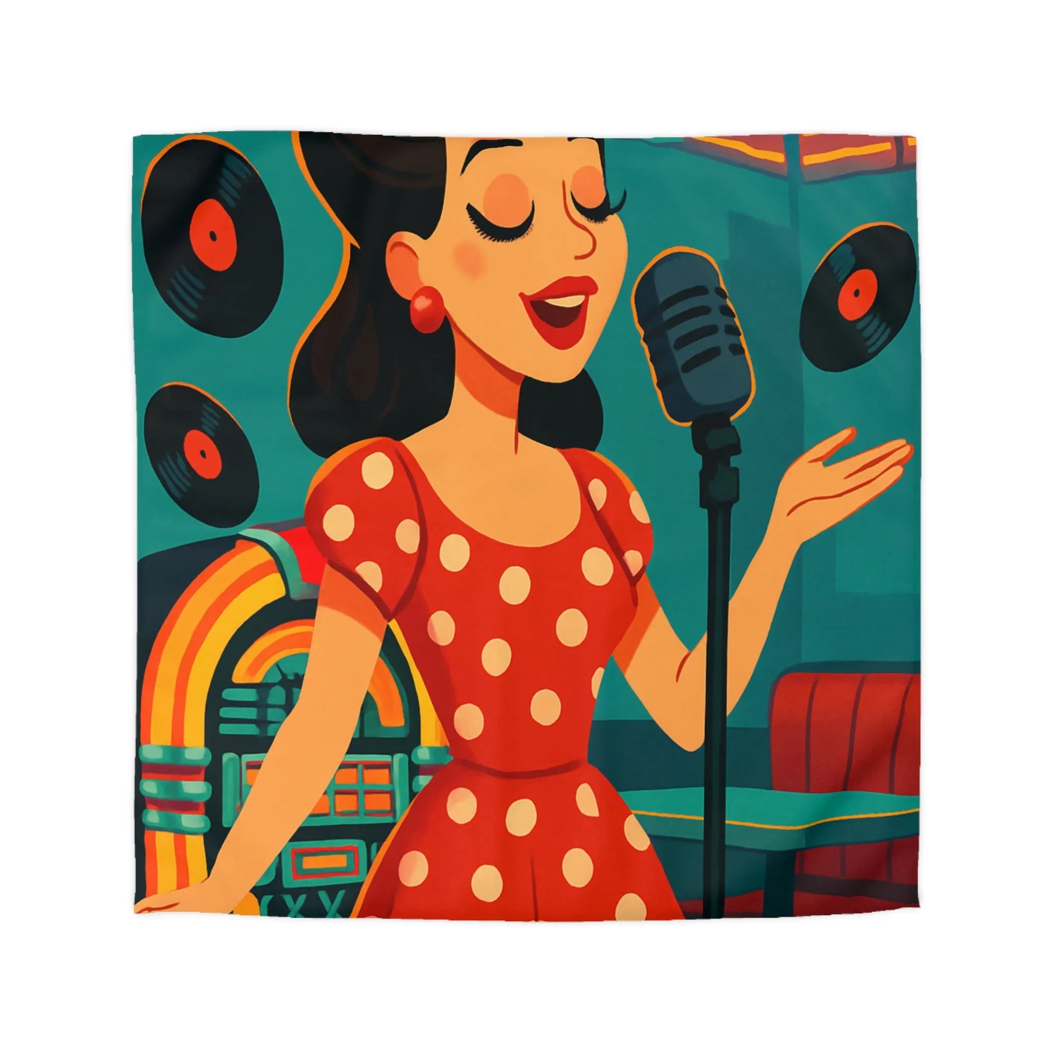 Élégante housse de couette rétro vintage style diner avec chanteuse et disques vinyles colorés