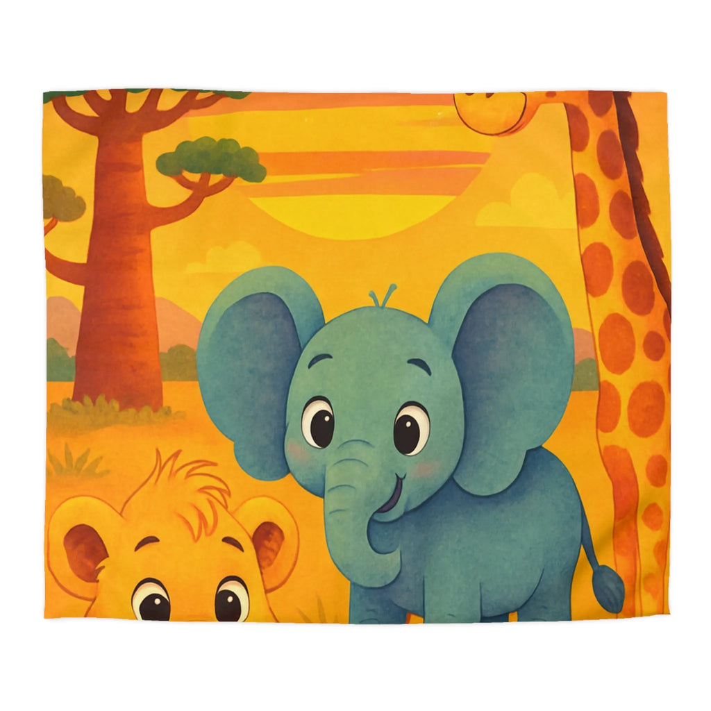 Housse de couette enfants safari animaliers avec lion, éléphant et girafe rigolos