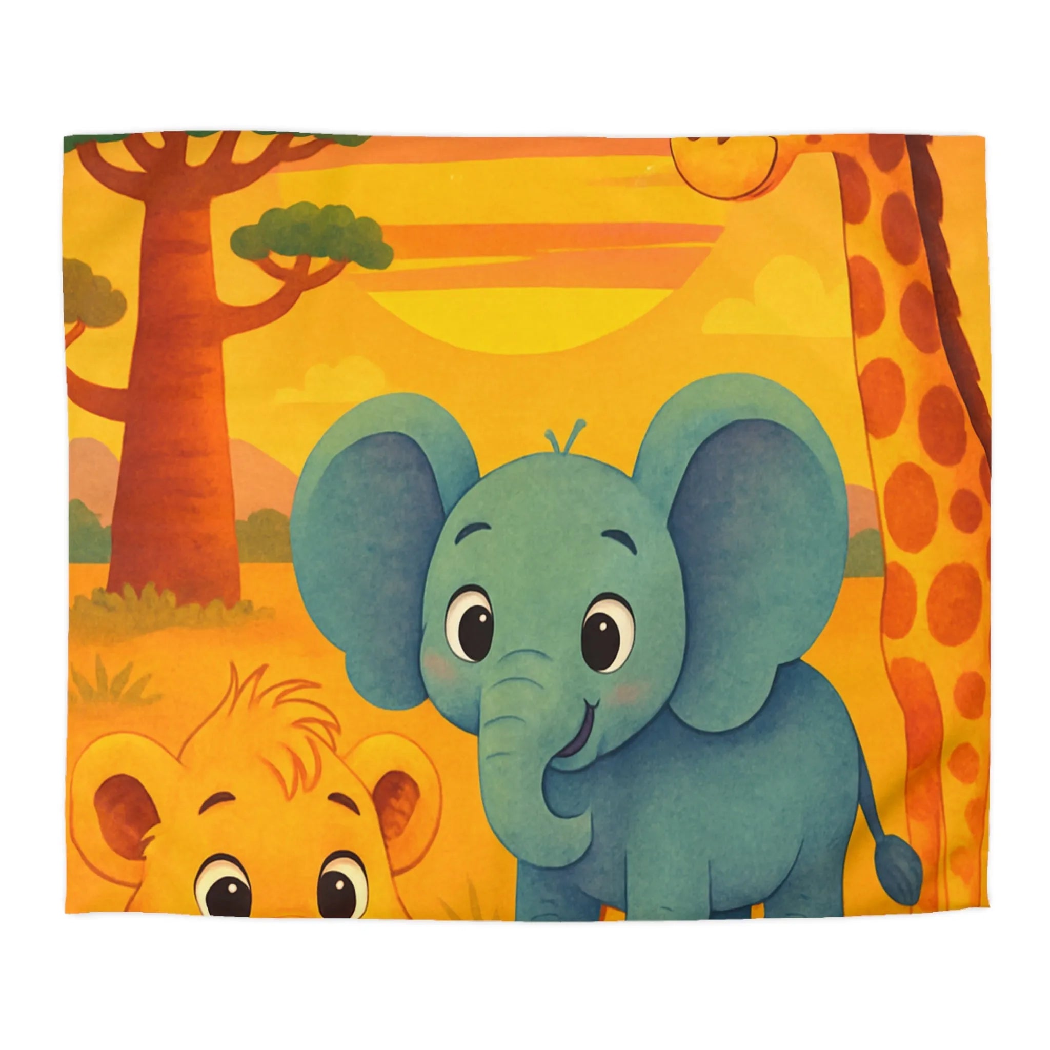 Housse de couette enfants safari animaliers avec lion, éléphant et girafe rigolos