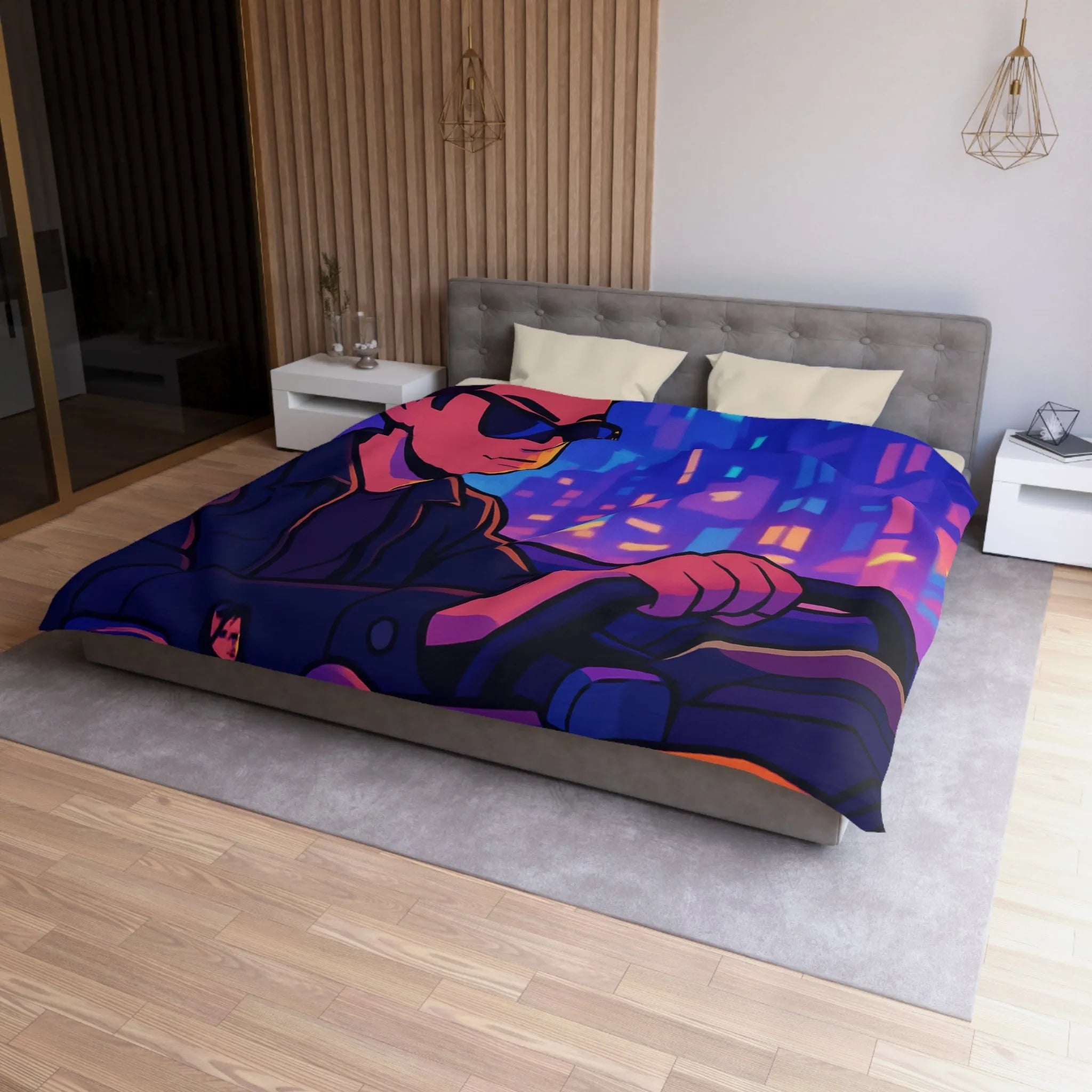 Housse de couette avec illustration rétro taxi urbain style néon pour chambre moderne