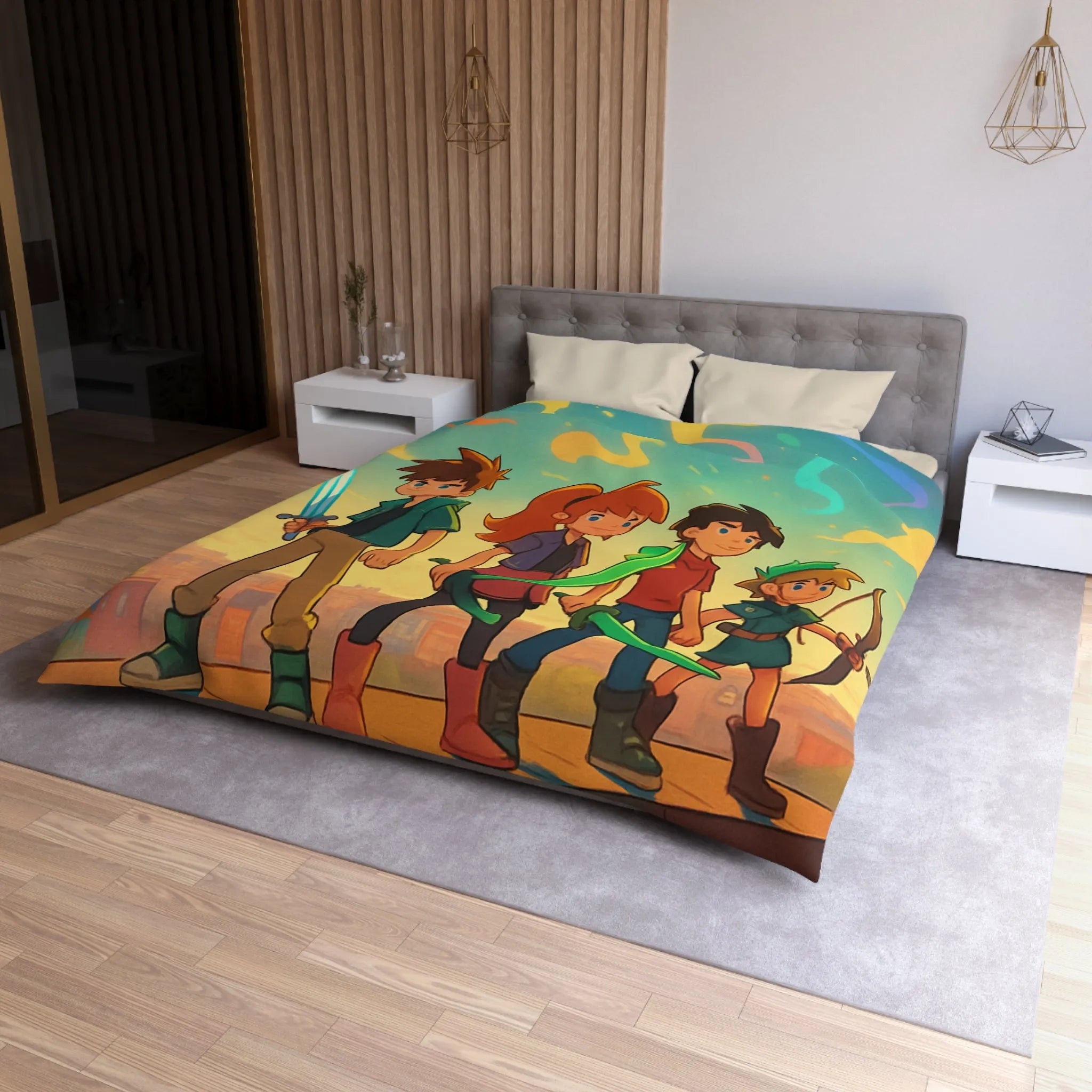 Housse de couette colorée avec quatre héros et ciel étoilé multicolore