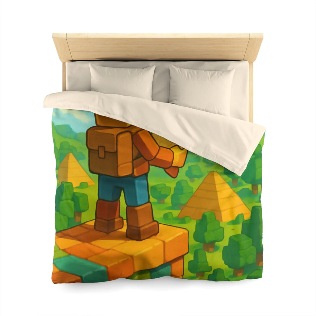 Housse de Couette Ludique Aventure Pixelisée Explorateur Carte Forêt Pyramide Enfant
