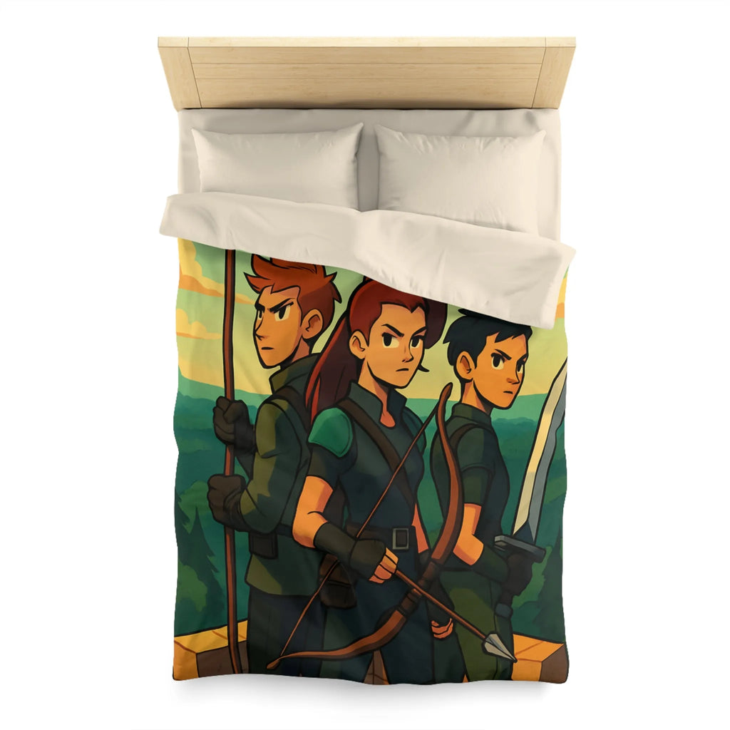 Housse de couette illustrée trois héros médiévaux arc épée forêt château aube