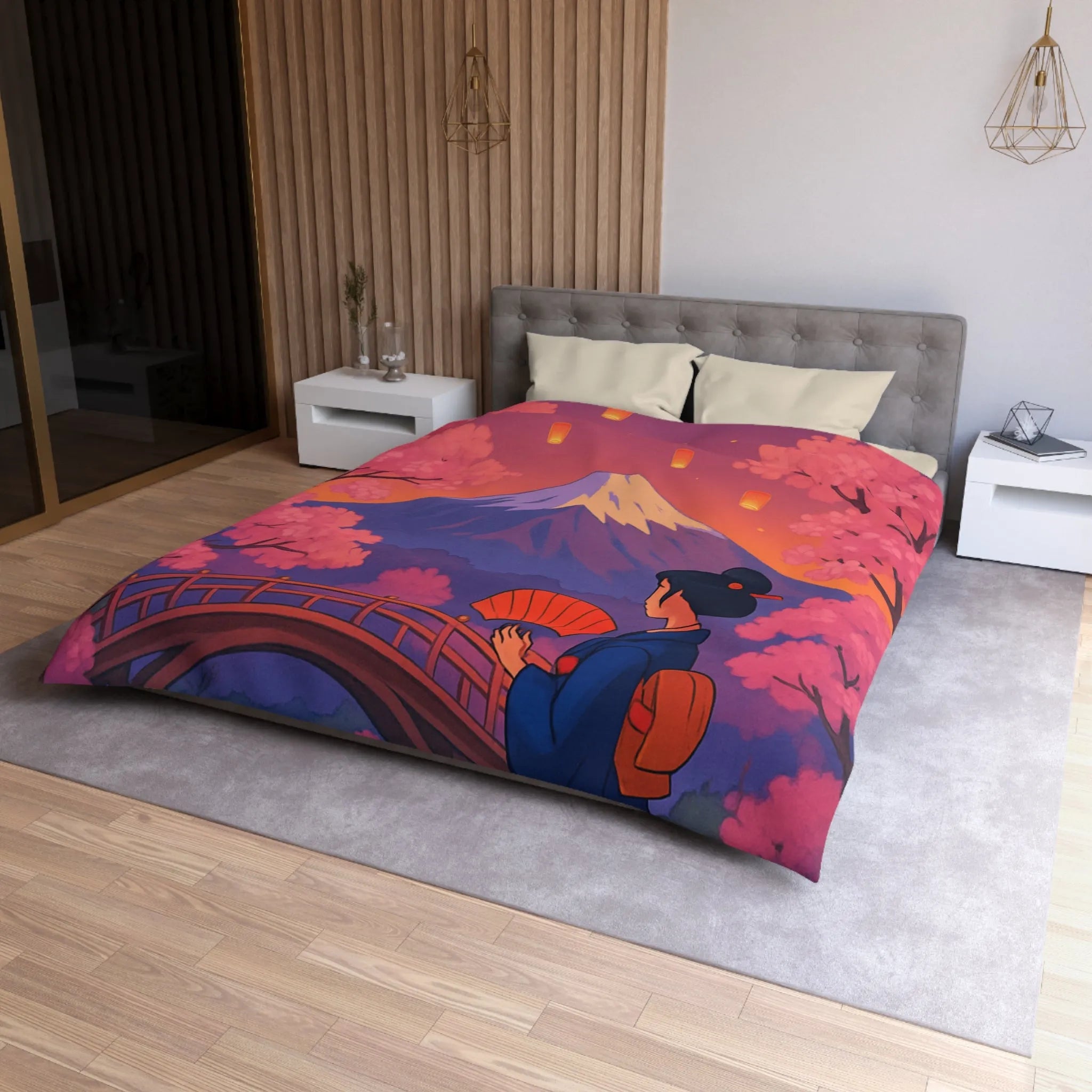 Housse de couette japonaise avec cerisiers, lanterne et vue sur le Mont Fuji