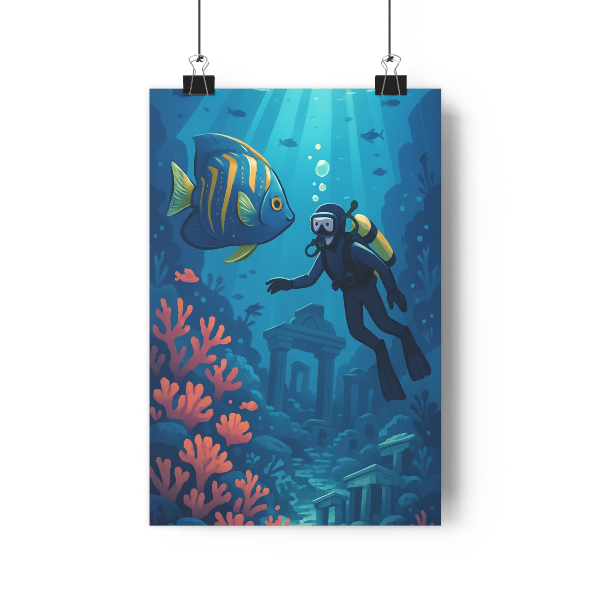 Poster décoratif scène animée bleu rouge aventure enfant chambre cartoon océan mystique plongeur poisson