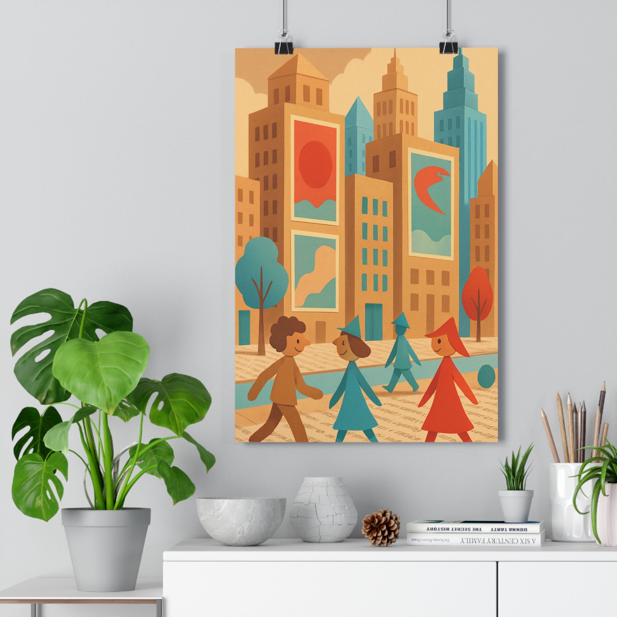 Poster décoratif popup urbain beige bleu rouge artistique ludique salon chambre bureau enfants qualité