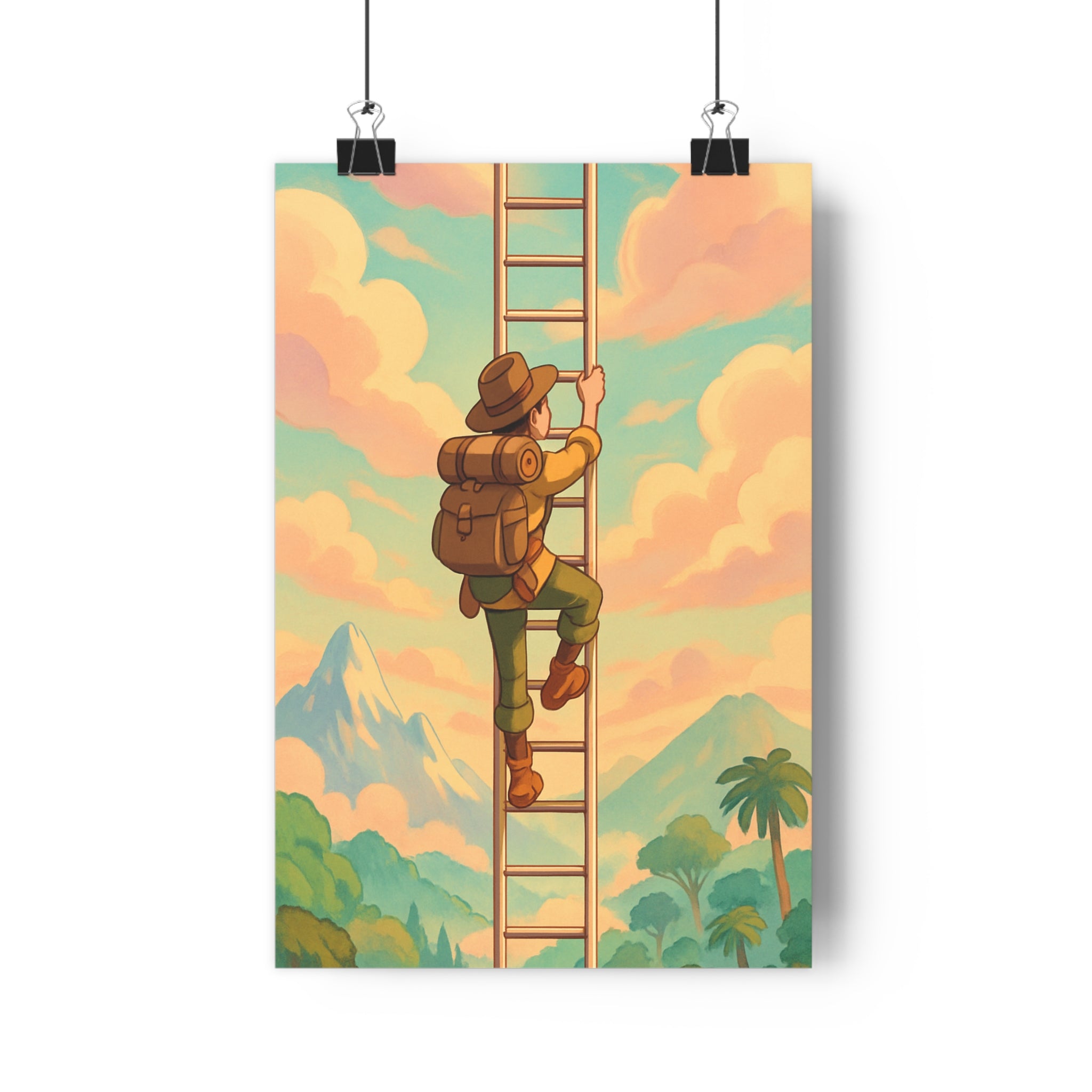 Poster décoratif cartoon pastel rose aventure explorateur échelle infinie bureau chambre 30x46 cm qualité