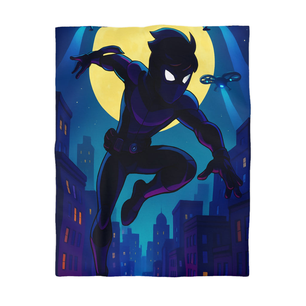 Housse de couette super-héros noir sautant devant une pleine lune et des drones urbains