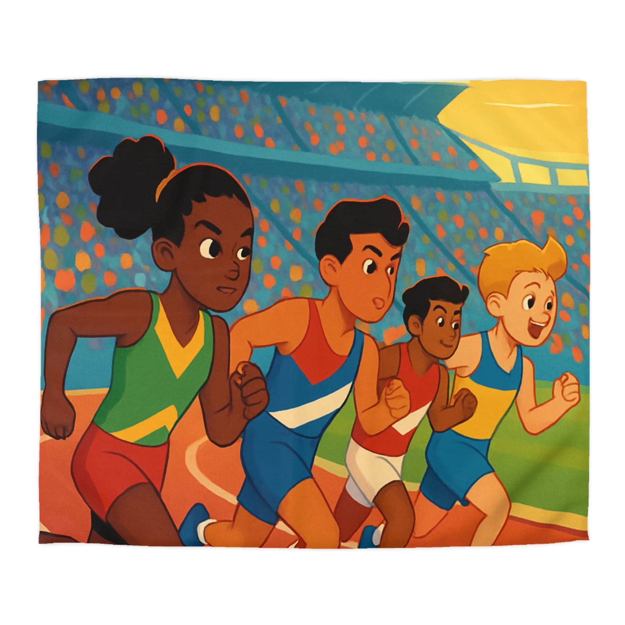 Housse de couette illustrée course d’athlétisme enfants vibrant soleil dynamique