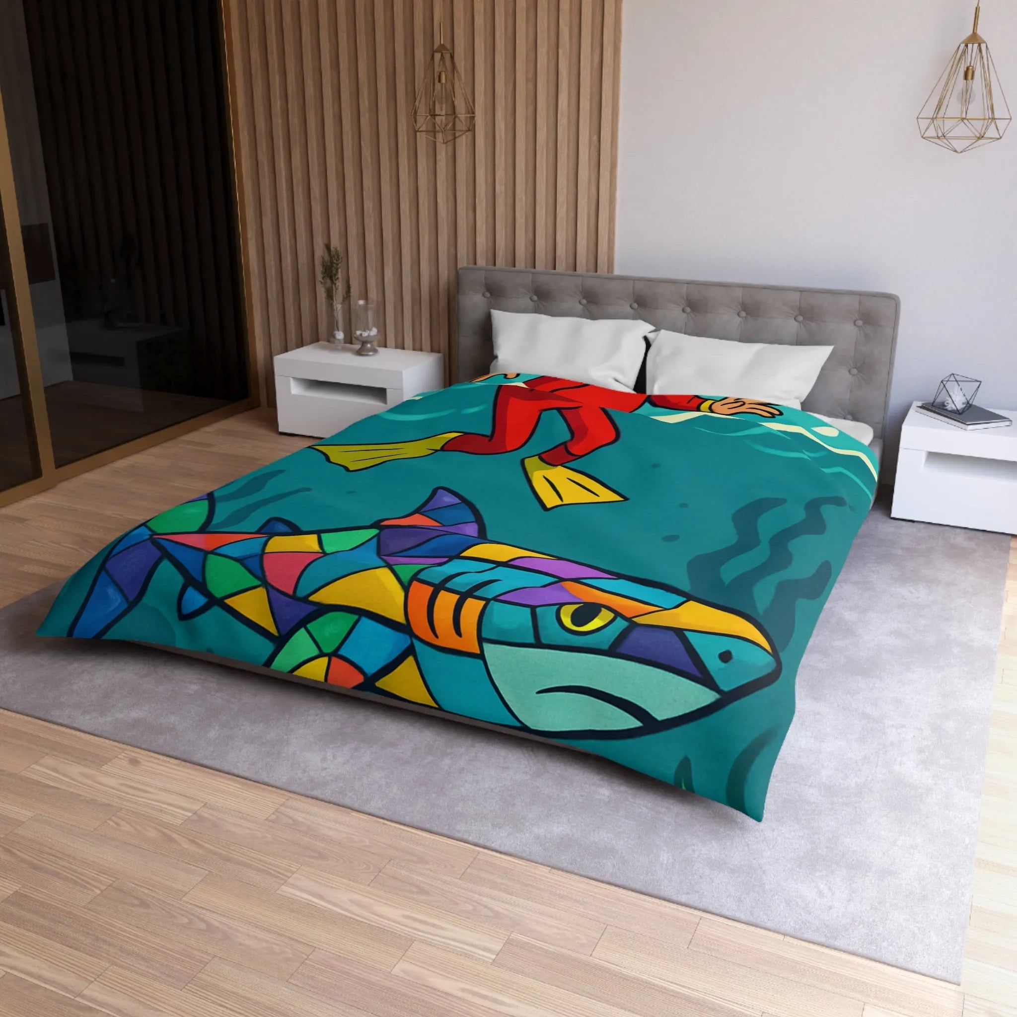 Housse de couette colorée avec plongeur effrayé et requin multicolore