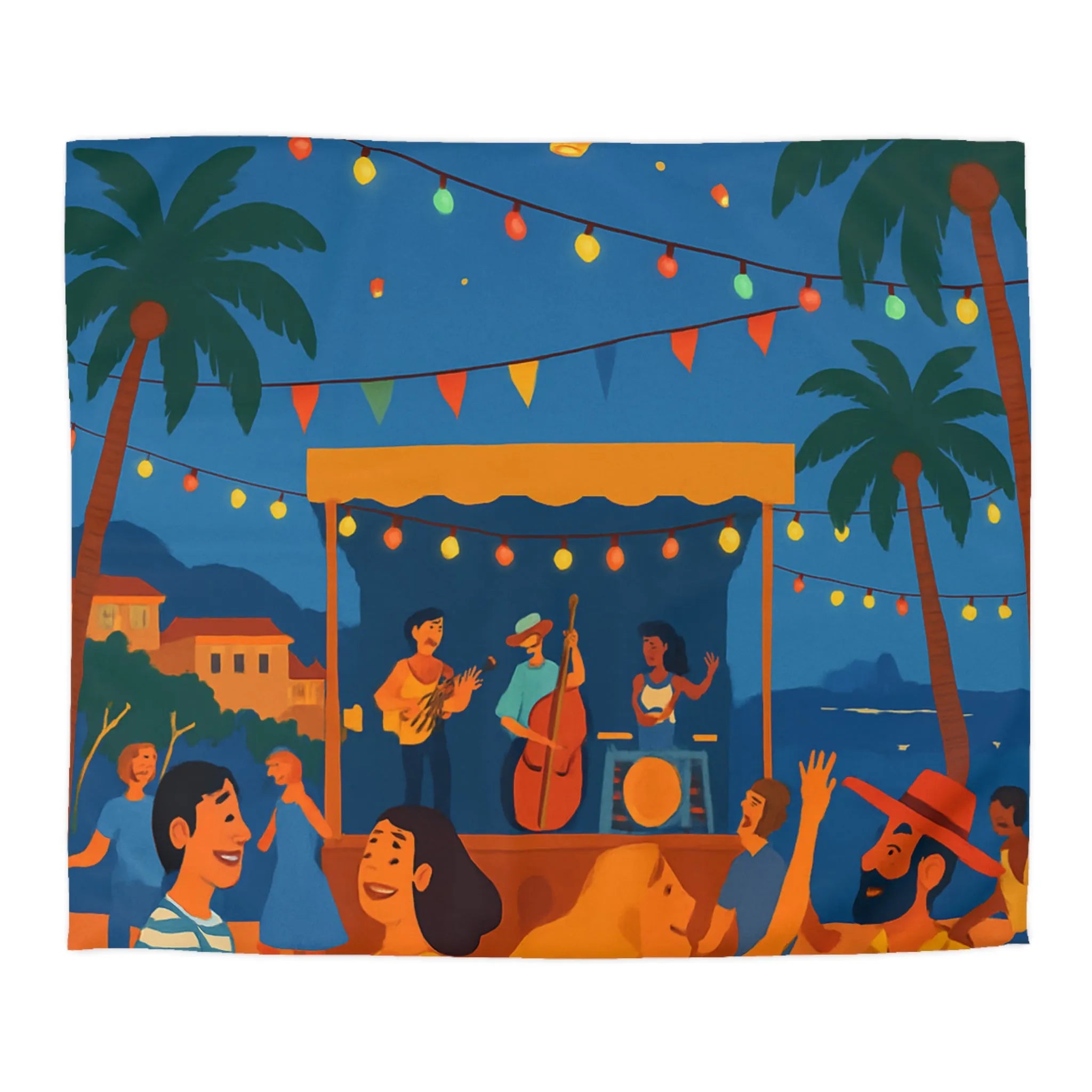 Housse de couette estivale scène festivale tropicale avec danseurs et lanternes lumineuses