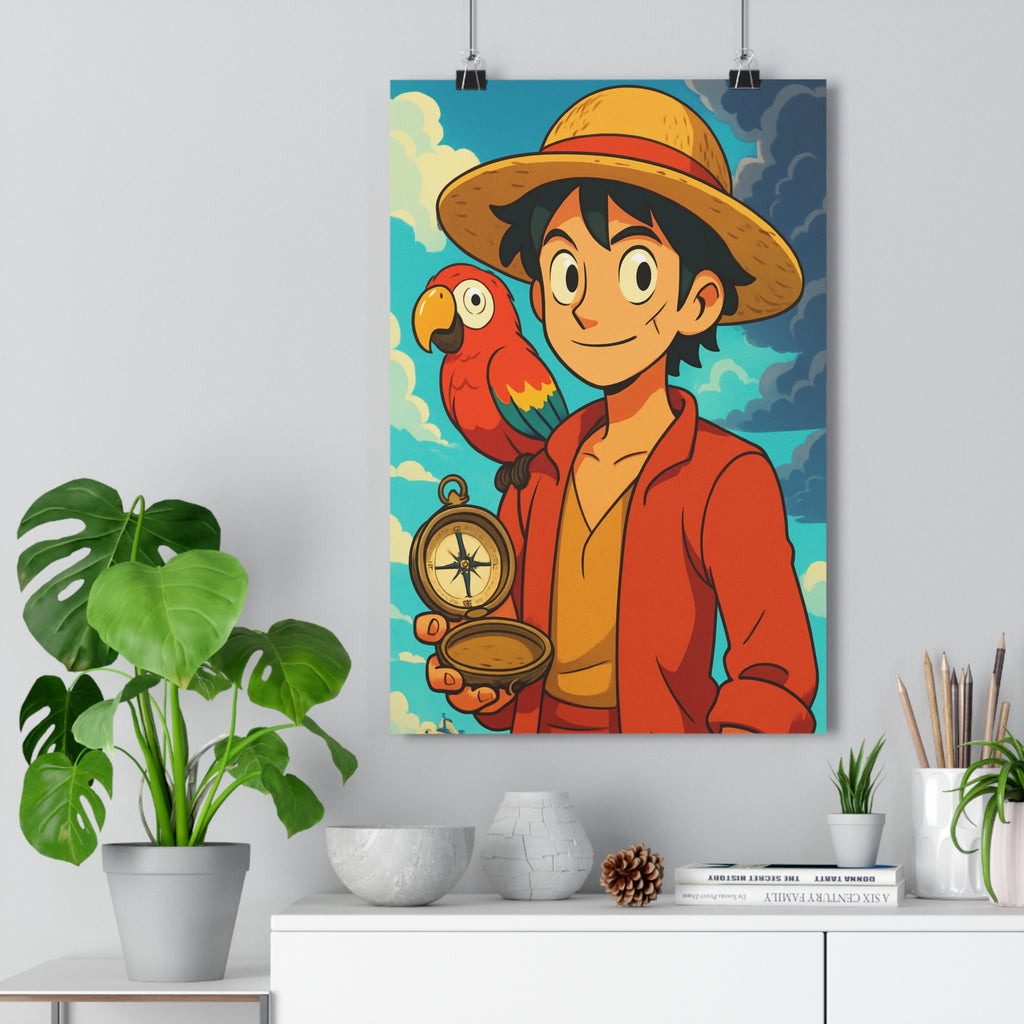 Poster décoratif cartoon aventure jeune homme sourire perroquet boussole chambre enfant vibrant coloré qualité
