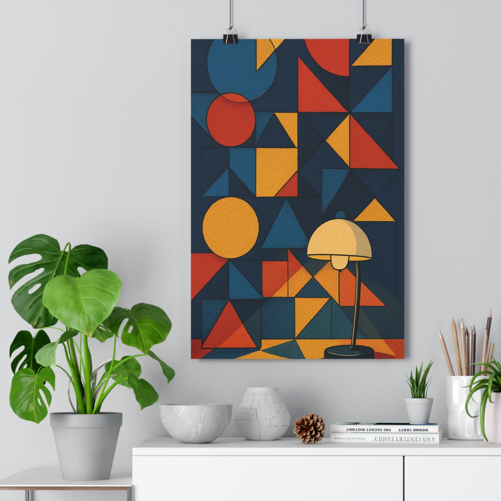 Poster décoratif moderne art géométrique anime bleu jaune rouge salon chambre dynamique vibrant qualité