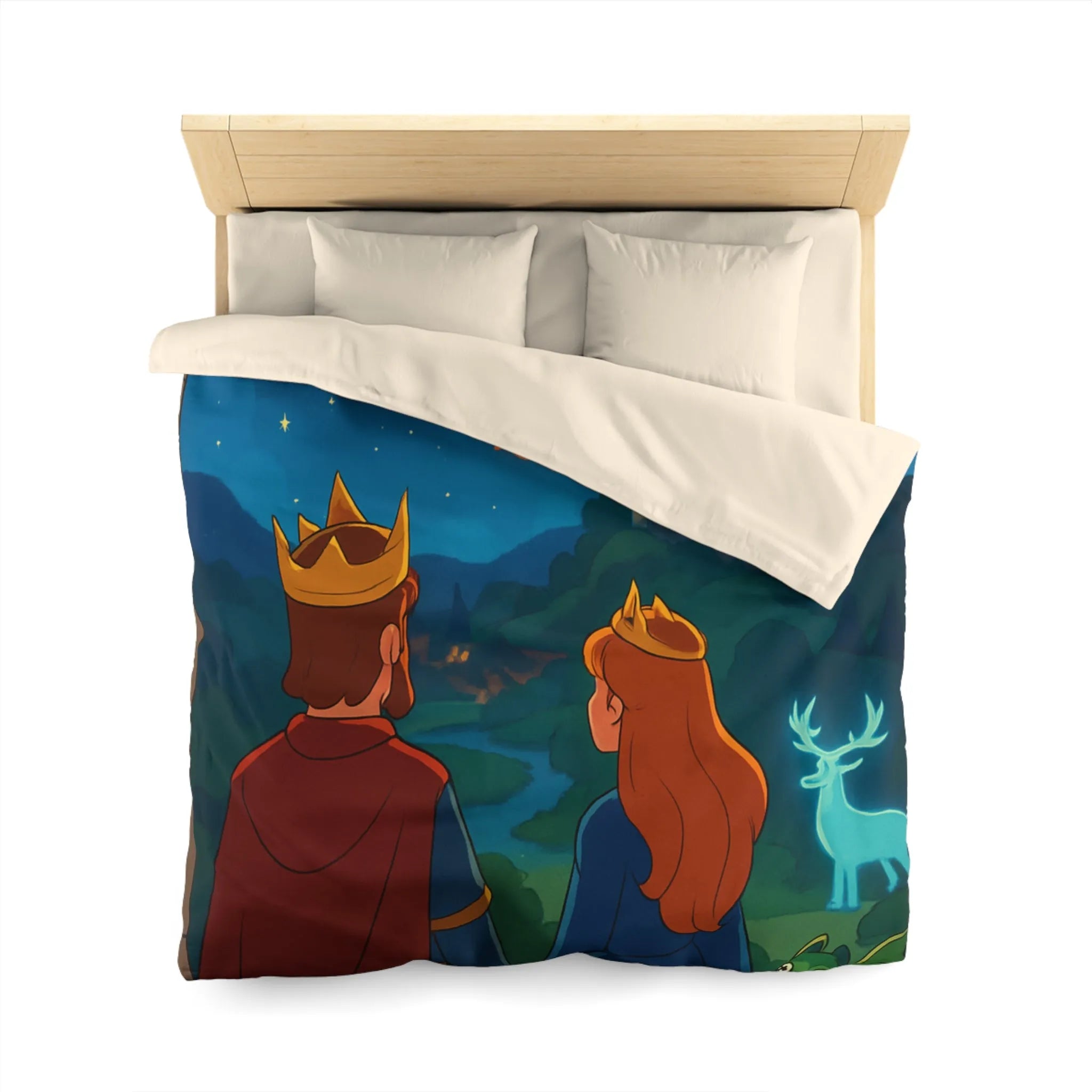 Housse de couette magique avec roi, reine et château sous ciel étoilé enchanté