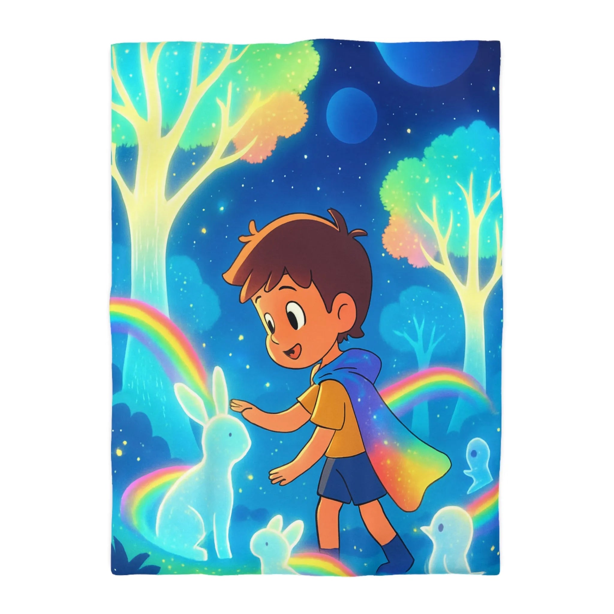 Housse de couette enfantine aux créatures lumineuses et arcs-en-ciel dans forêt enchantée