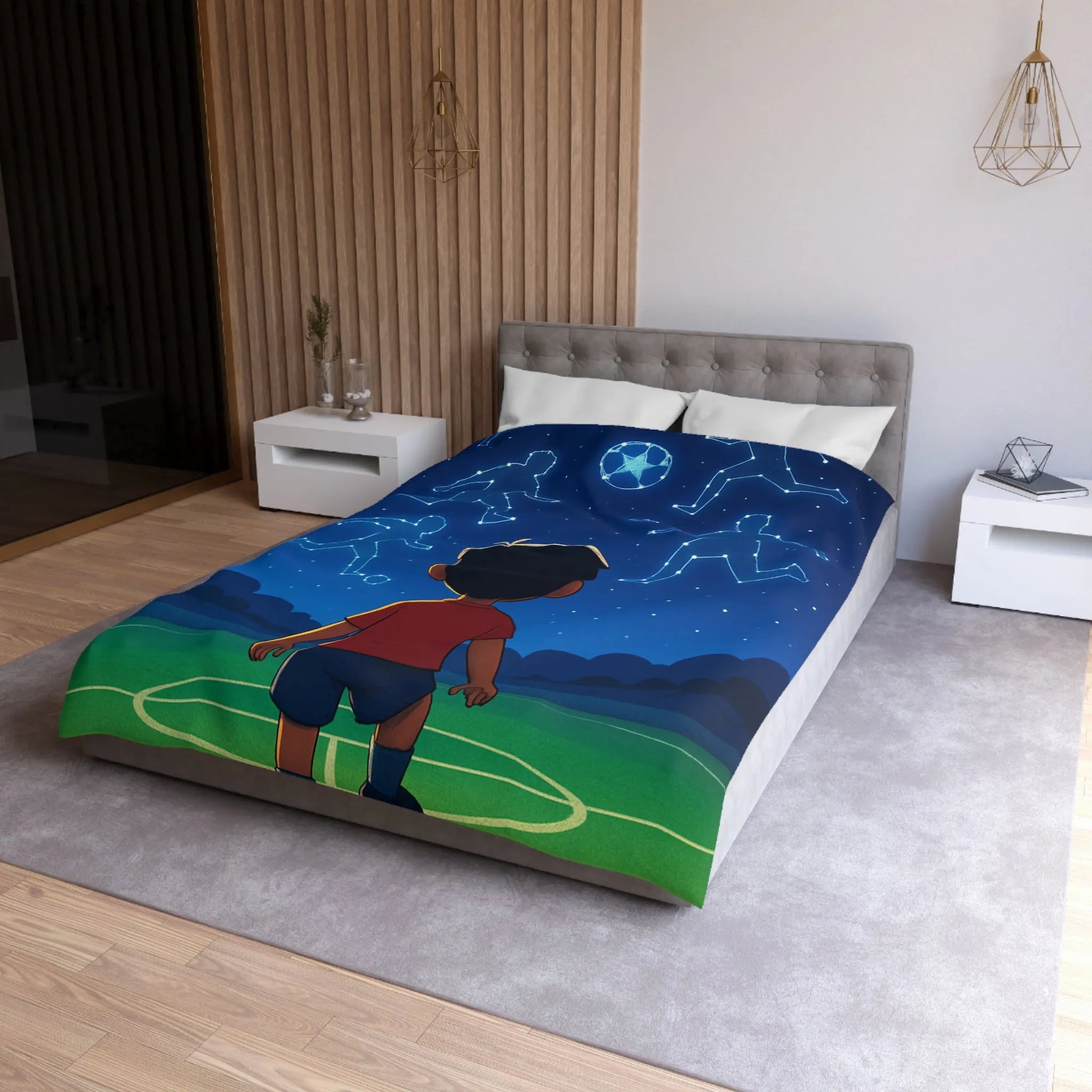 Housse de couette étoilée avec enfant rêvant de football sous ciel constellé