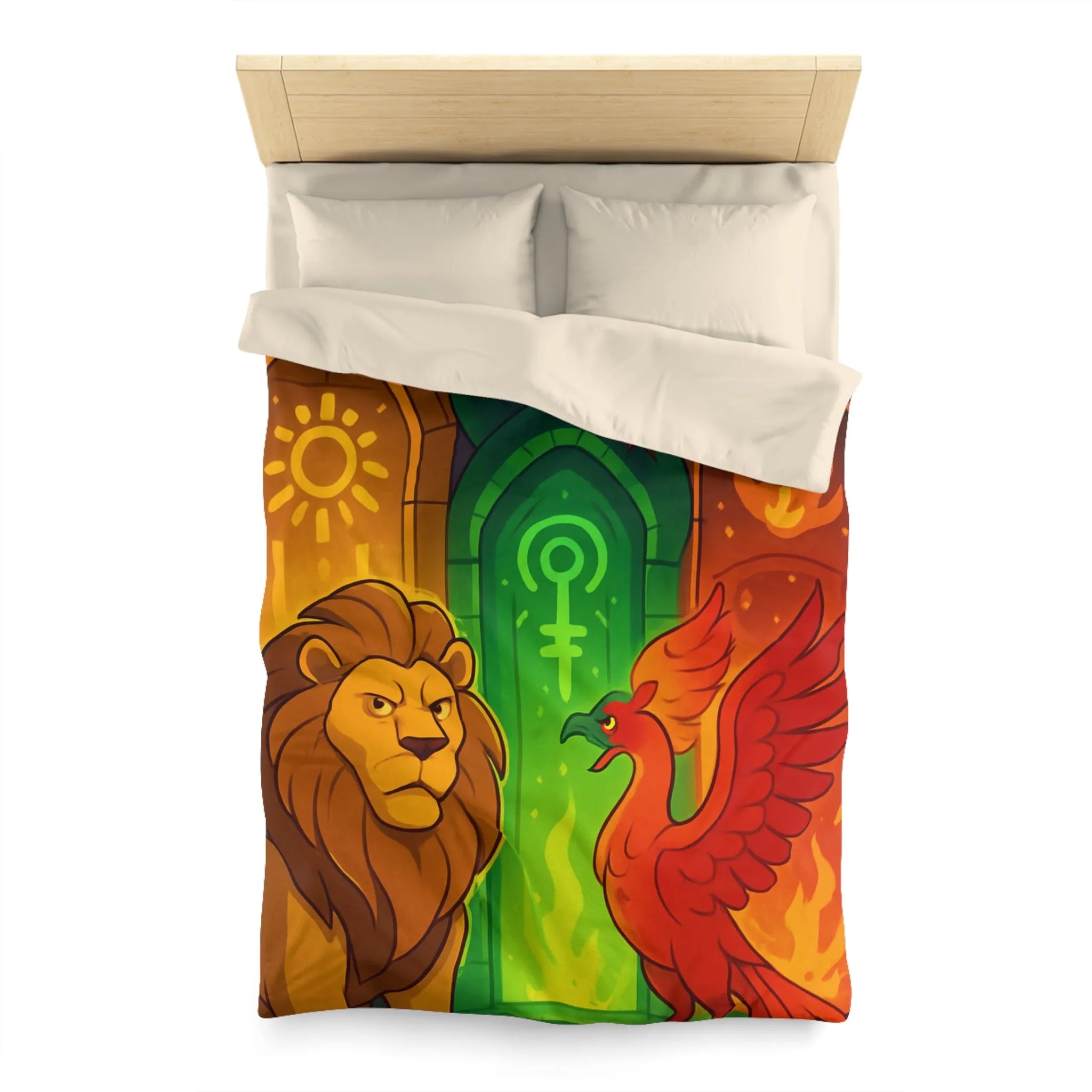 Housse de couette avec motifs lion, serpent et phénix sur fond médiéval magique