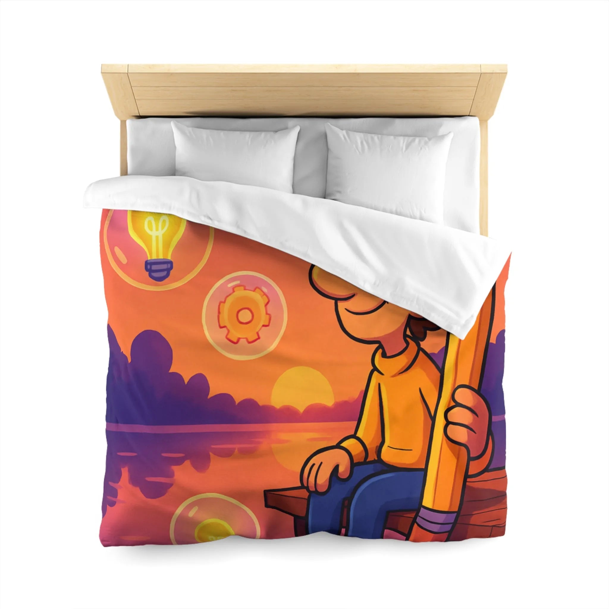 Housse de Couette Créative Avec Personnage Dessinant au Couchant et Ampoules Inspirantes