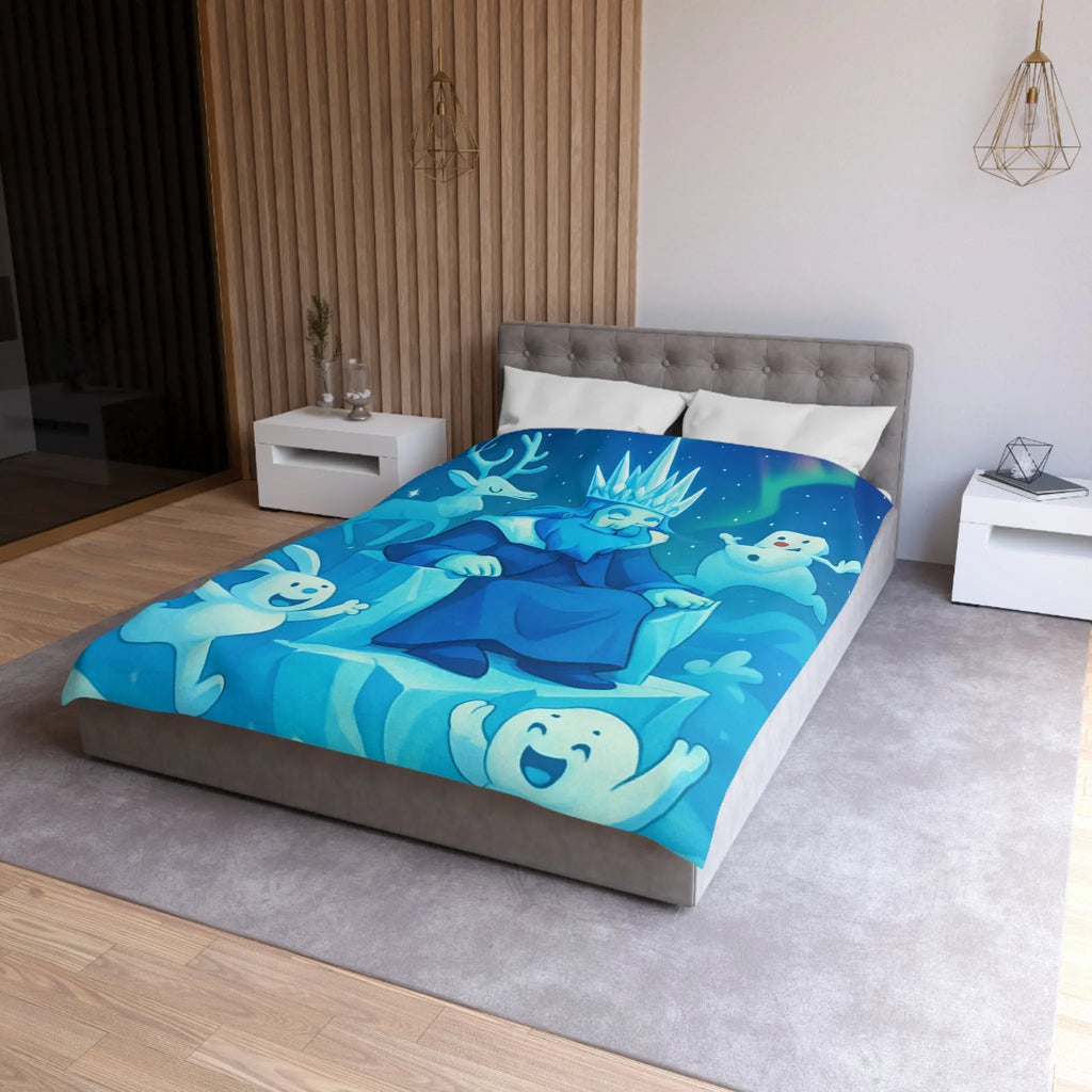 Housse de couette bleue roi de glace avec animaux et aurore boréale hivernale festive