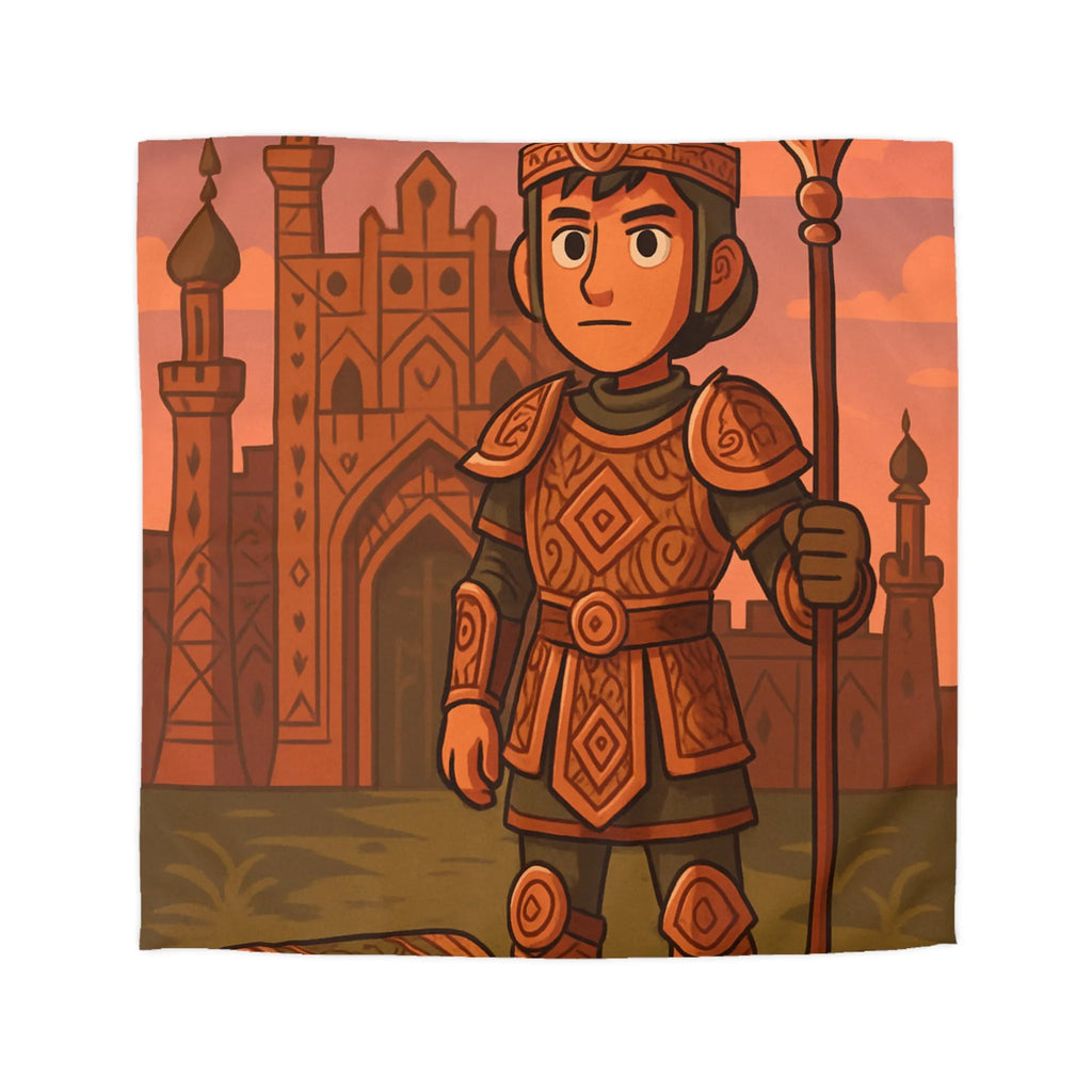 Aventurier médiéval en armure détaillée avec château oriental devant lever de soleil orangé