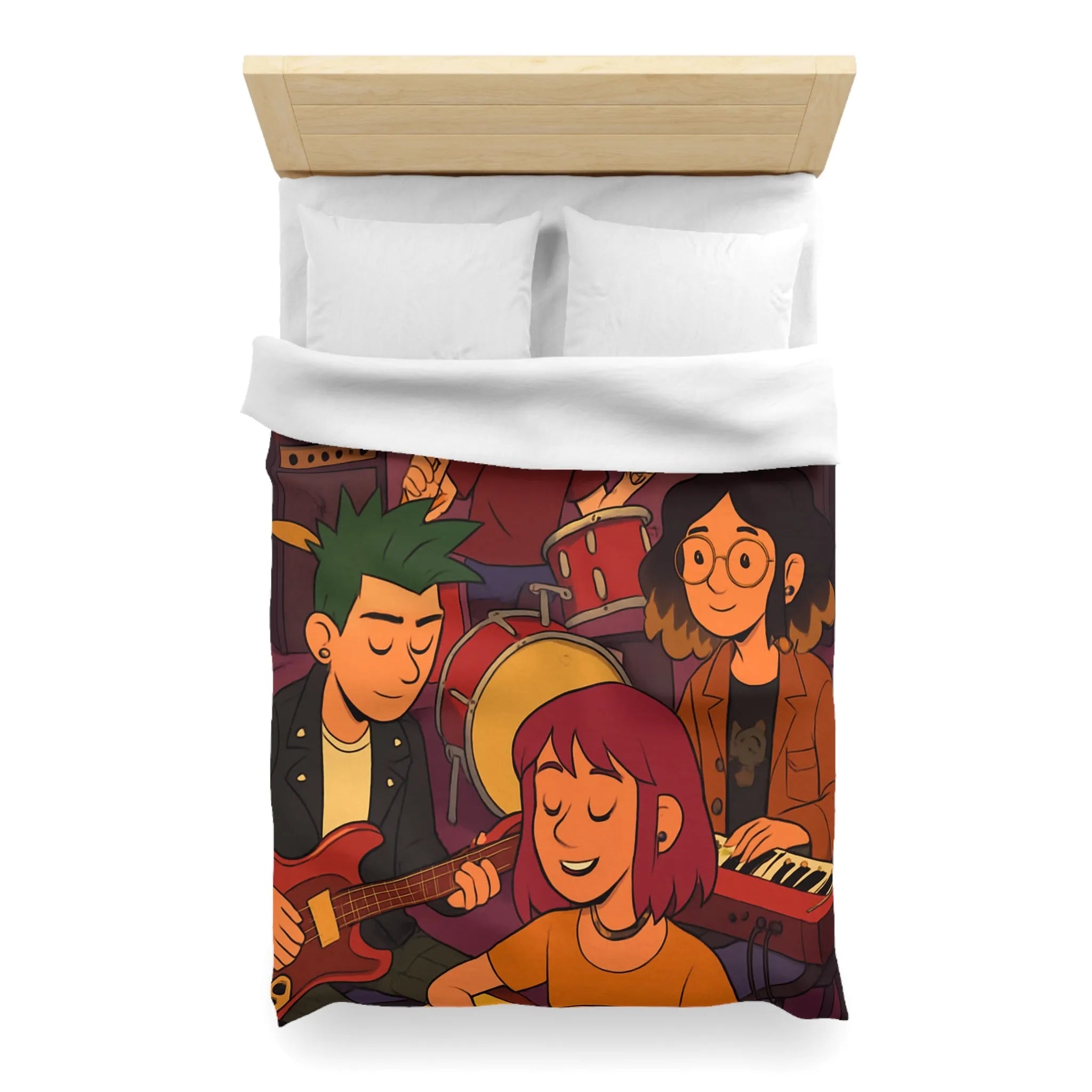 Housse de couette colorée avec jeunes musiciens animés jouant en harmonie joyeuse