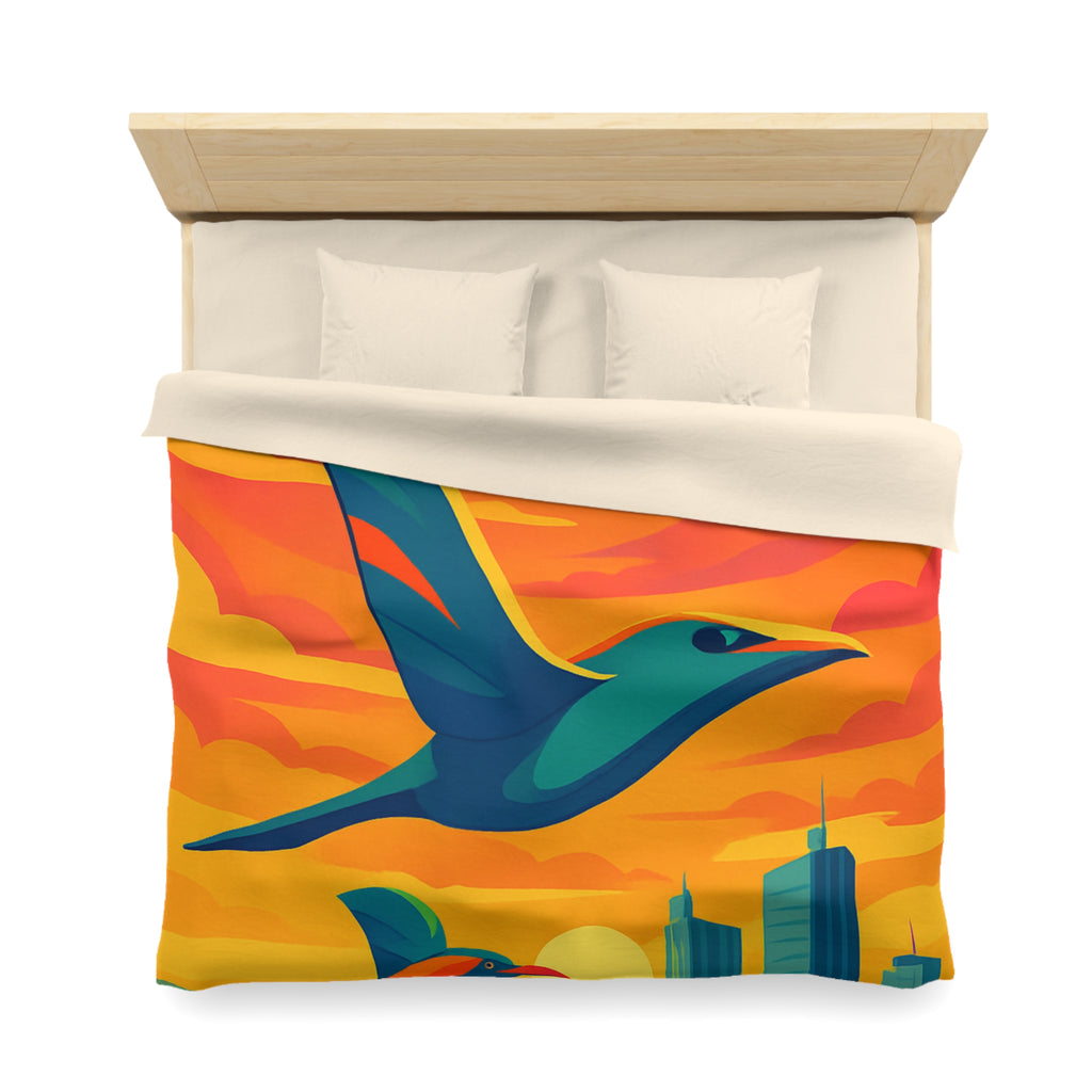Housse de Couette Vibrante avec Oiseaux Volant au-dessus Champs et Ville au Crépuscule