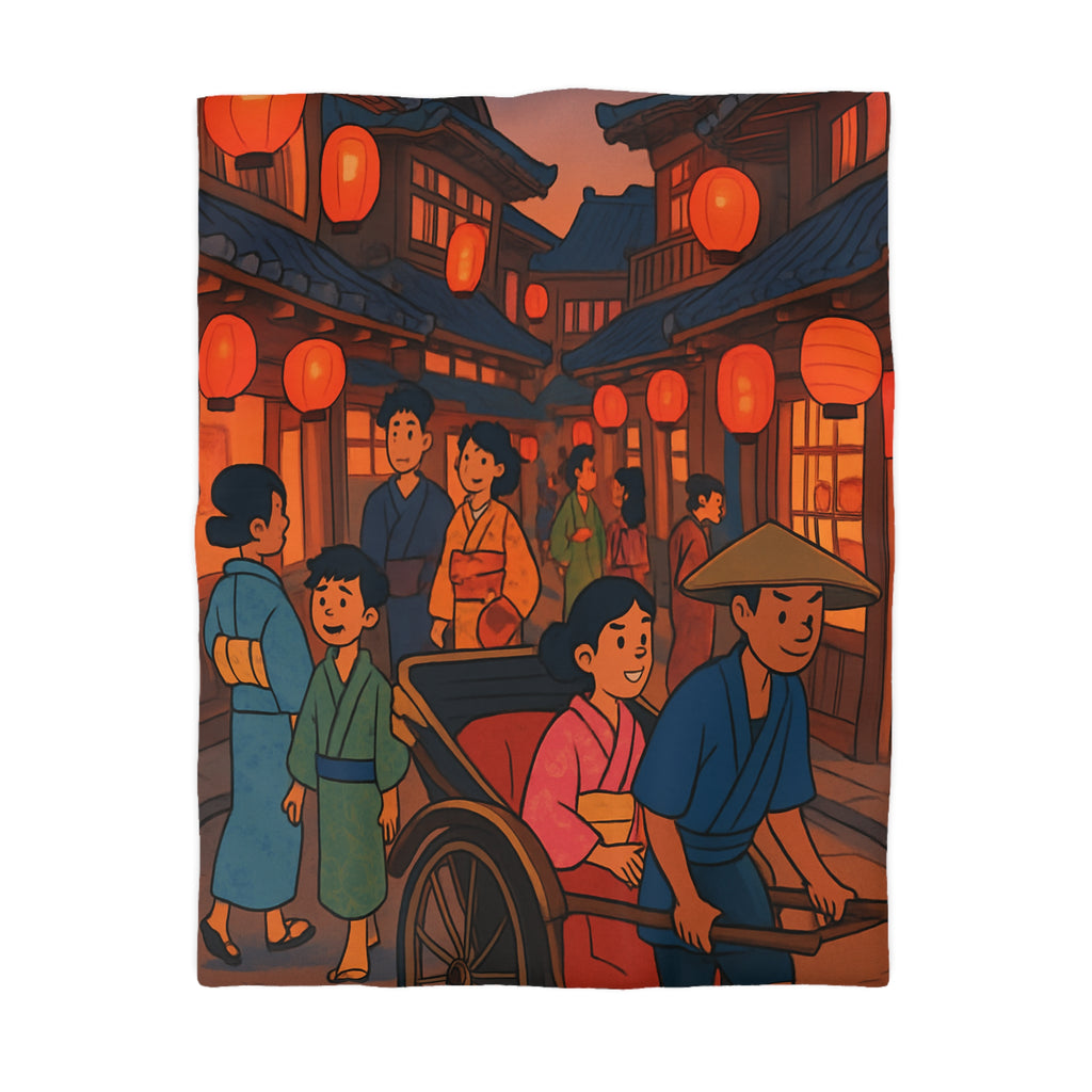 Housse de couette nocturne rouge et jaune avec lanterne et scène japonaise animée