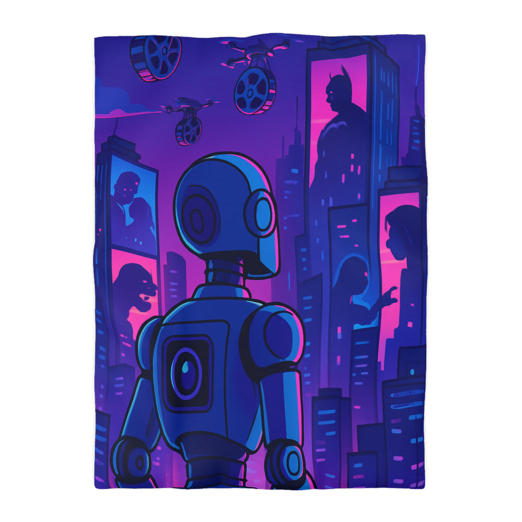 Séduisante housse de couette futuriste robot bleu néons drones anime horizon nuit