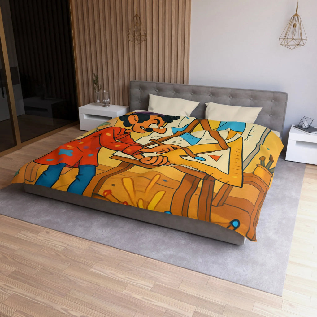 Housse de couette artistique avec motif géométrique et artiste cartoon en atelier coloré