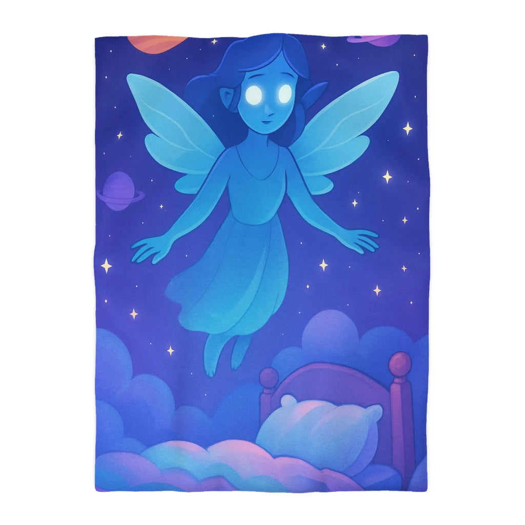 Housse de couette fée lumineuse dans ciel étoilé avec planètes et nuages doux