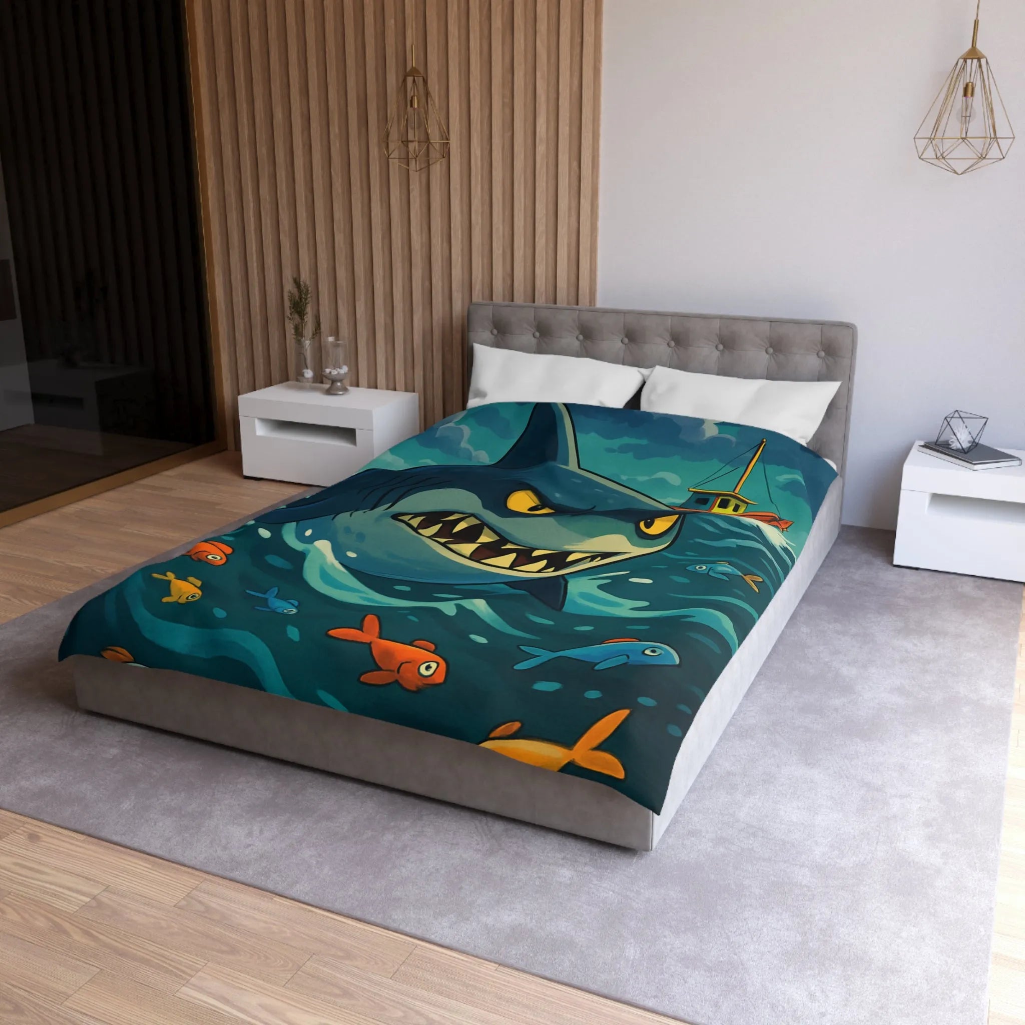 Housse de couette avec requin cartoon effrayant et poissons colorés en mer orageuse
