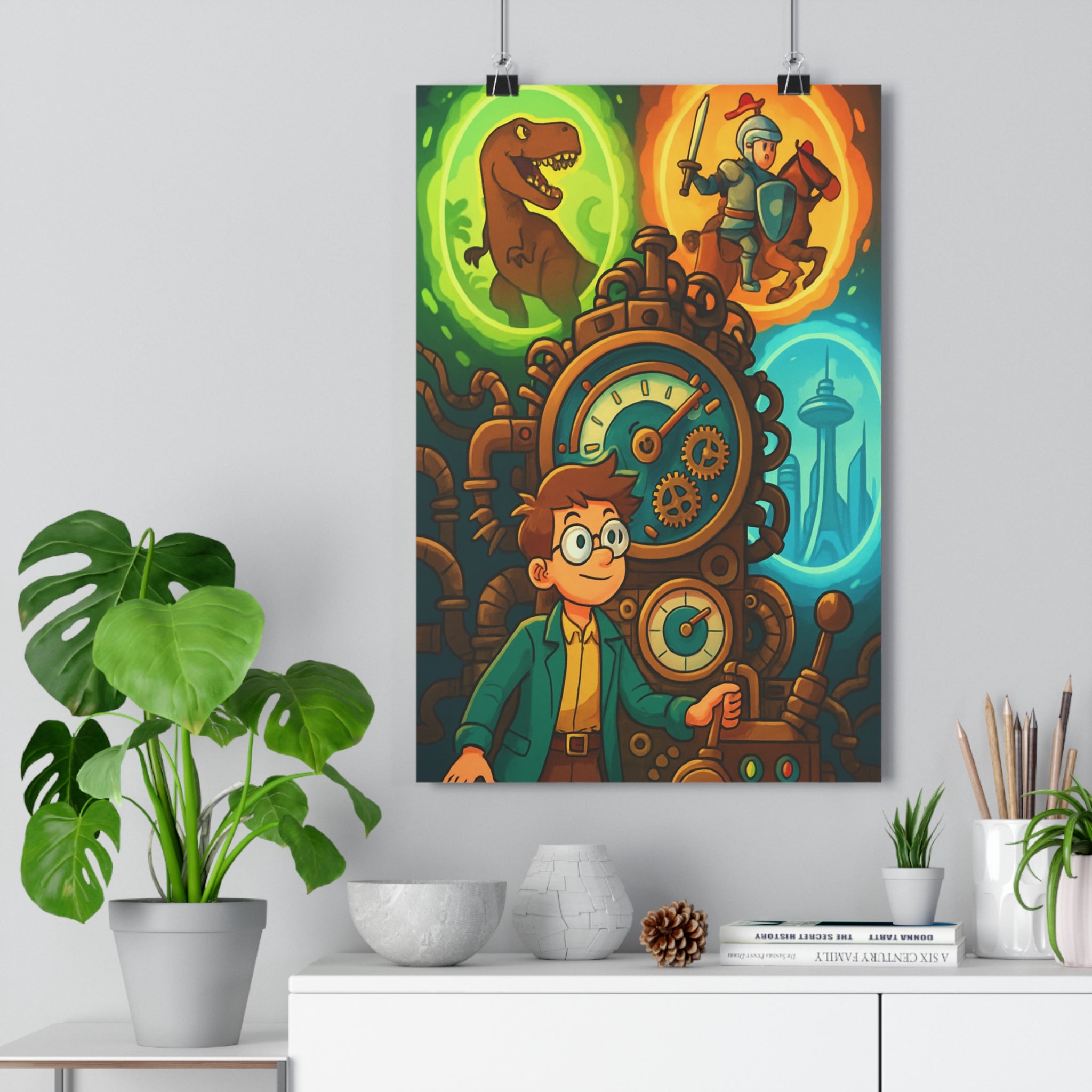 Poster décoratif lumineux steampunk aventure voyageur temps salon bureau enfant vert orange bleu qualité