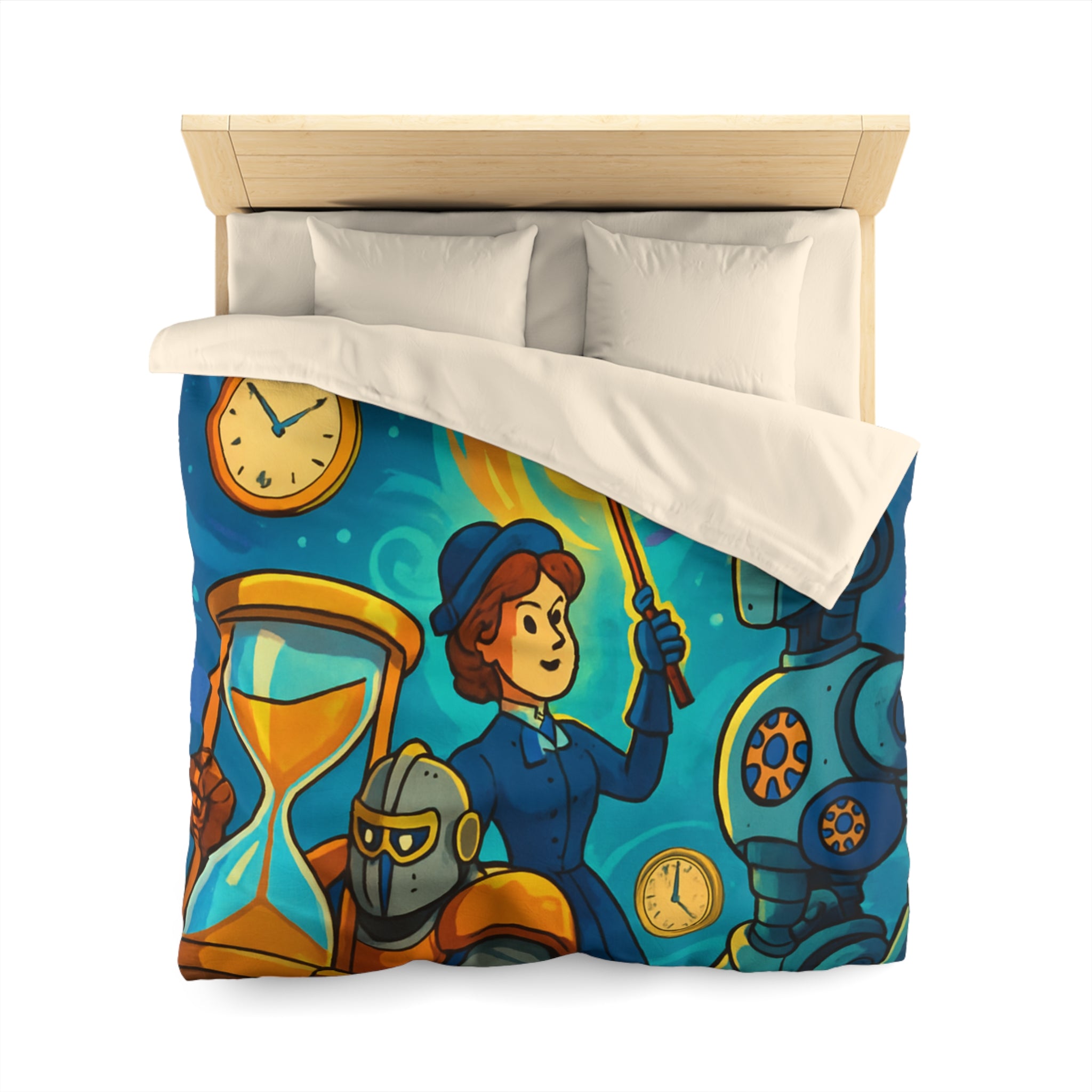 Housse de couette thème science fiction avec robots et horloges pour chambre moderne