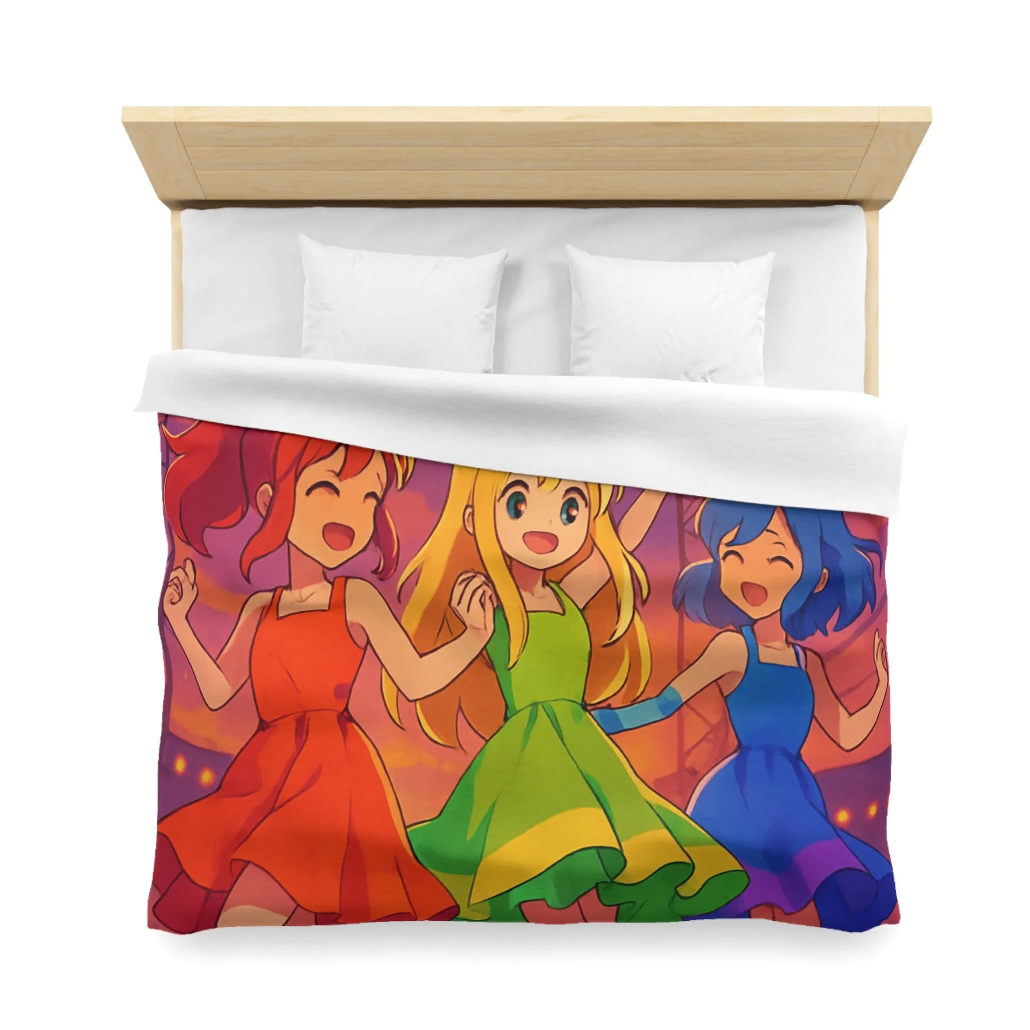 Housse de Couette Colorée avec Trois Amies Dansant sur une Scène Éclairée de Nuit