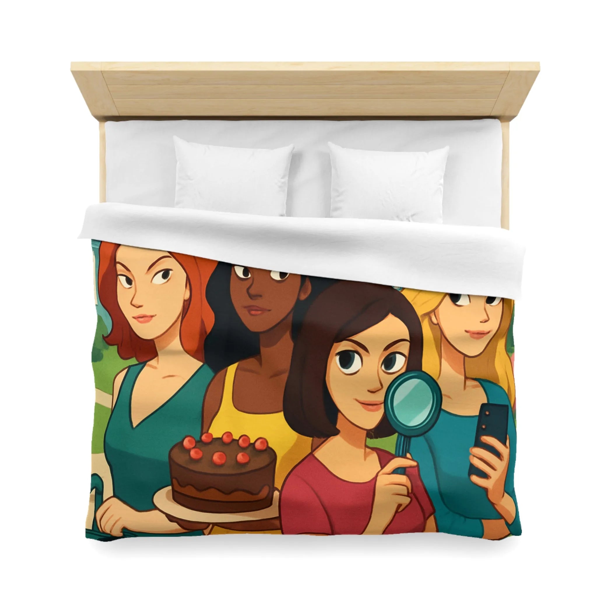 Housse de Couette Illustrée Fête Femme Jardin avec Loupe Gâteau et Téléphone