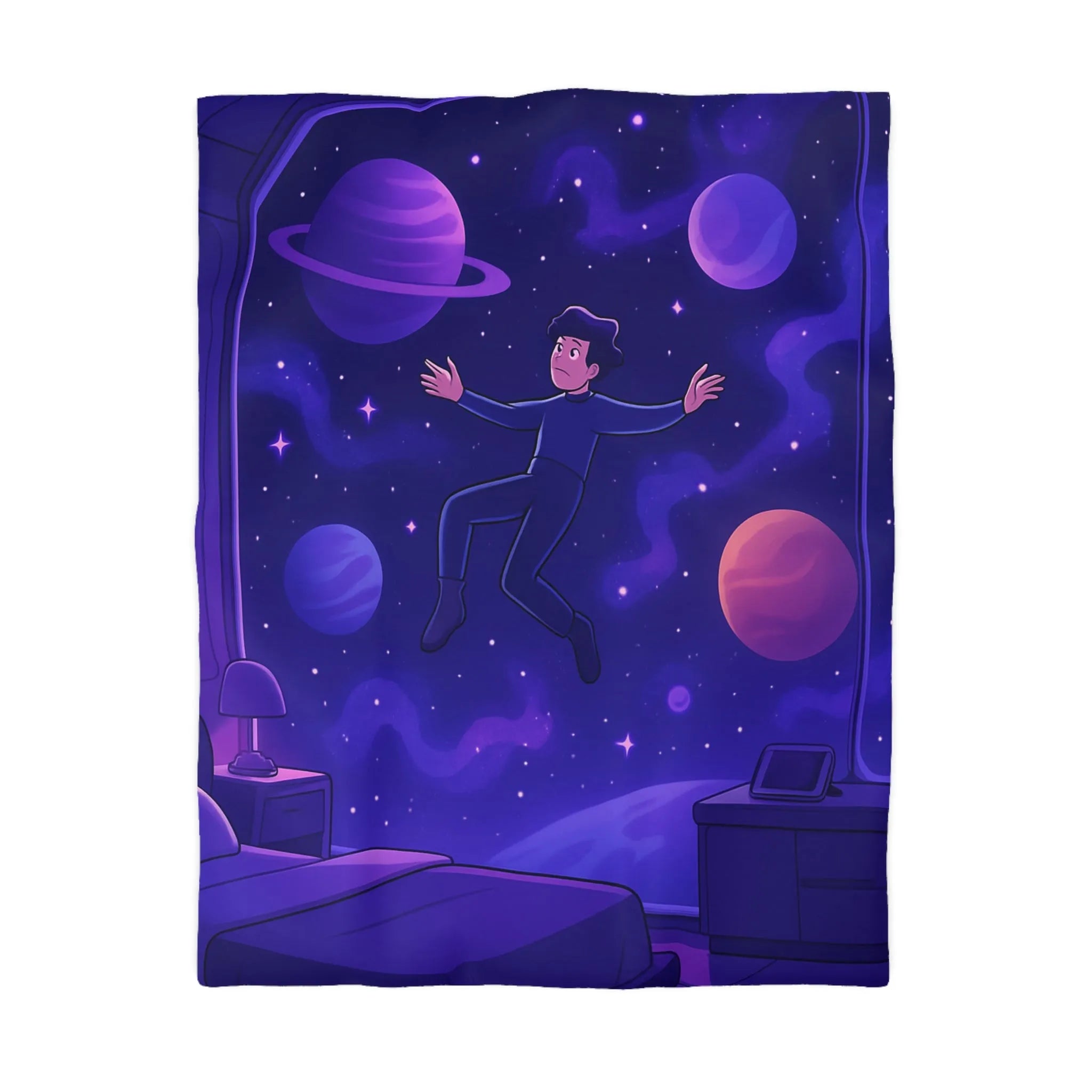 Housse de couette enfantine avec garçon flottant dans un espace stellaire imaginaire