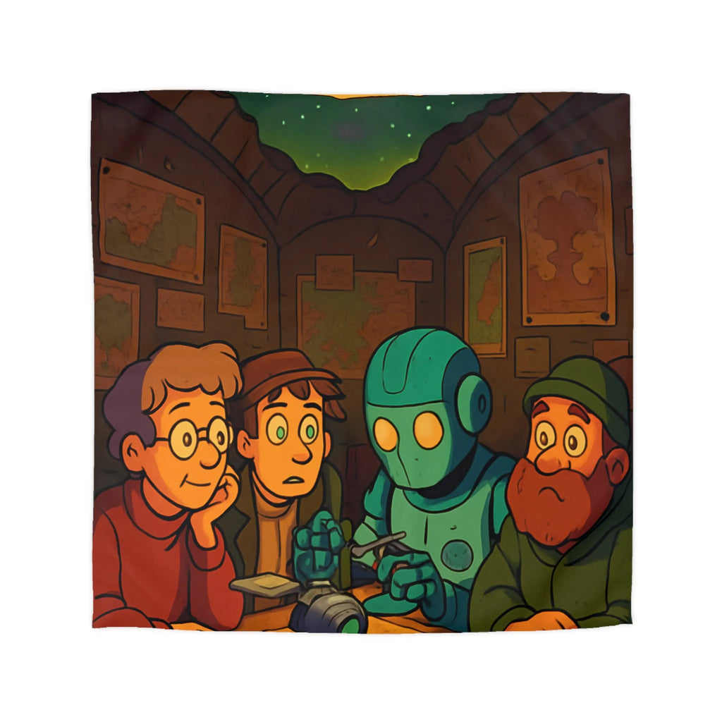 Housse de couette avec scène animée de nuit, stratégie autour de cartes et robot