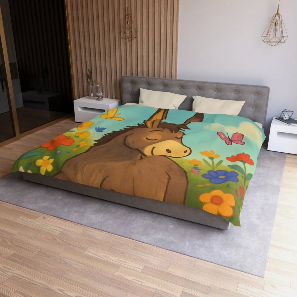 Housse de couette enfant Âne endormi, fleurs colorées et papillons dans un pré