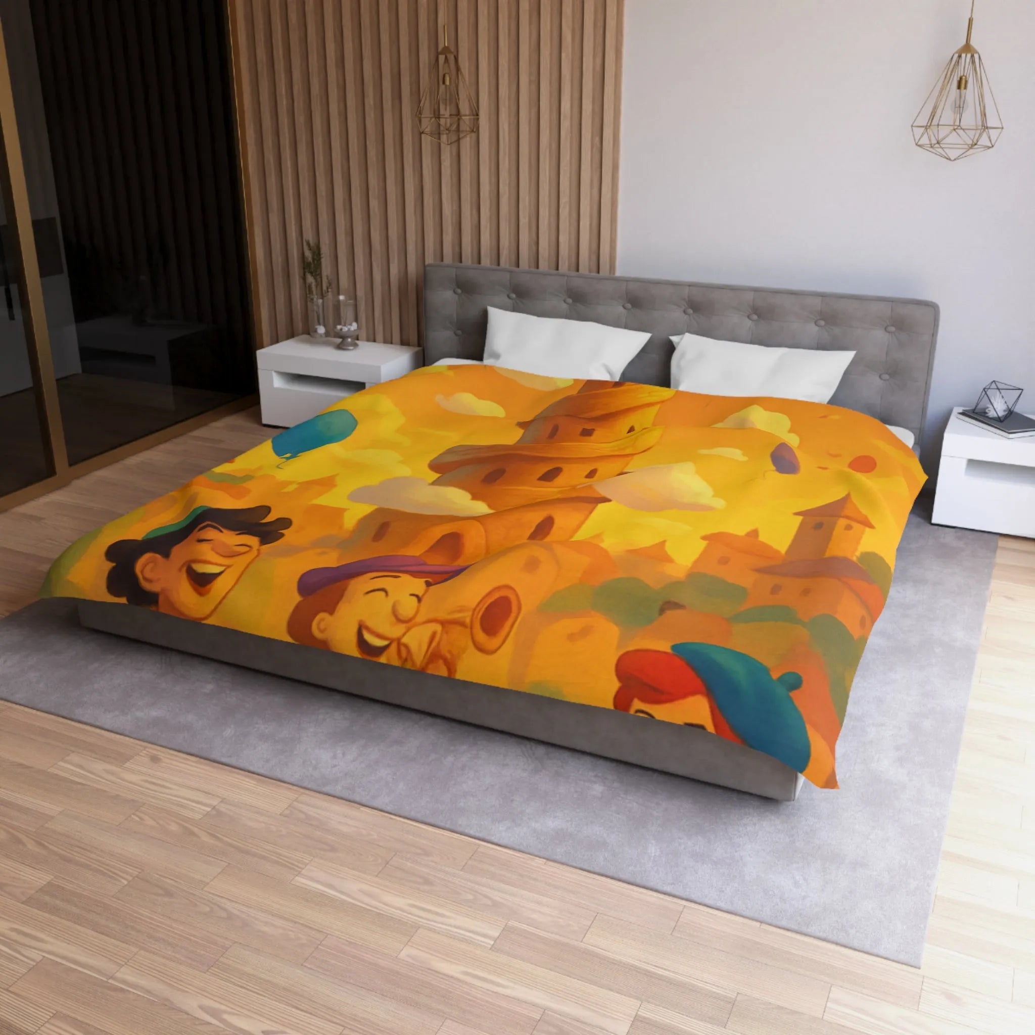 Housse de couette colorée imprimée d'une scène joyeuse avec tours et ballons pastel