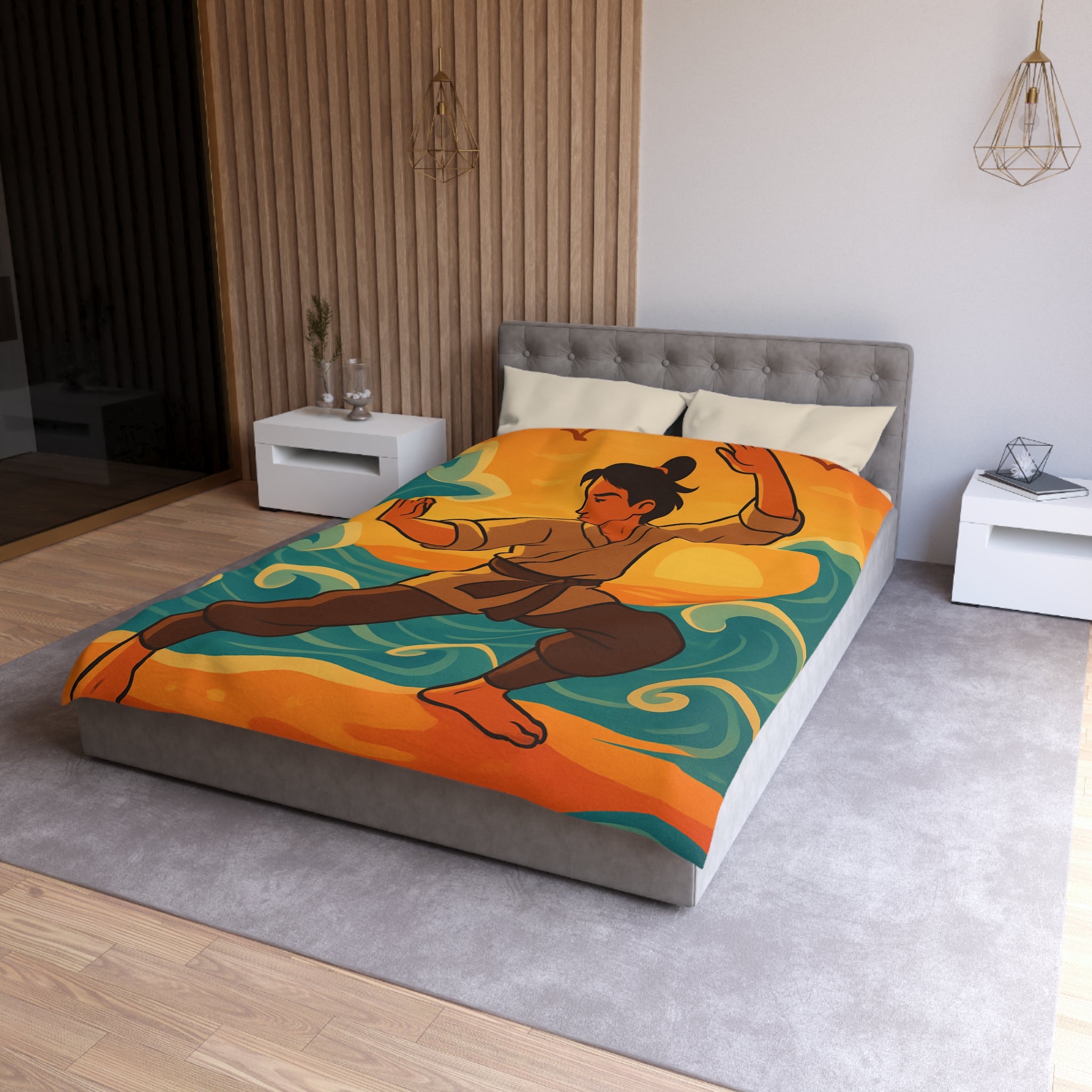 Housse de Couette Style Japonais Art Martial Coucher de Soleil et Océan Bleu