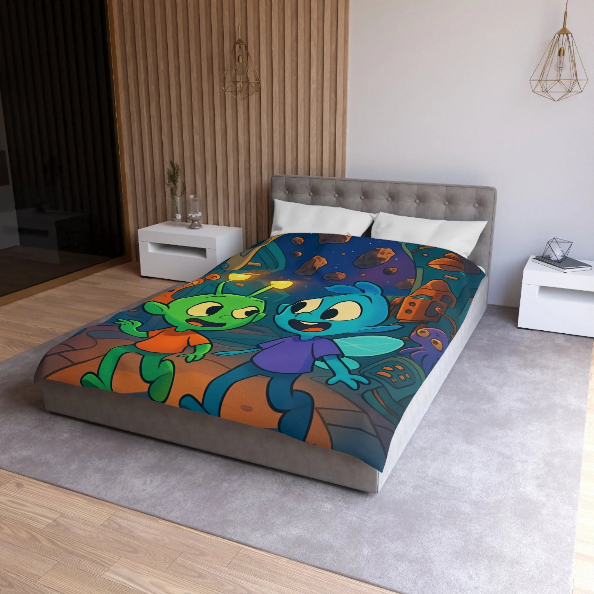 Housse de couette enfant extraterrestre bleu et vert dans vaisseau spatial coloré amusant