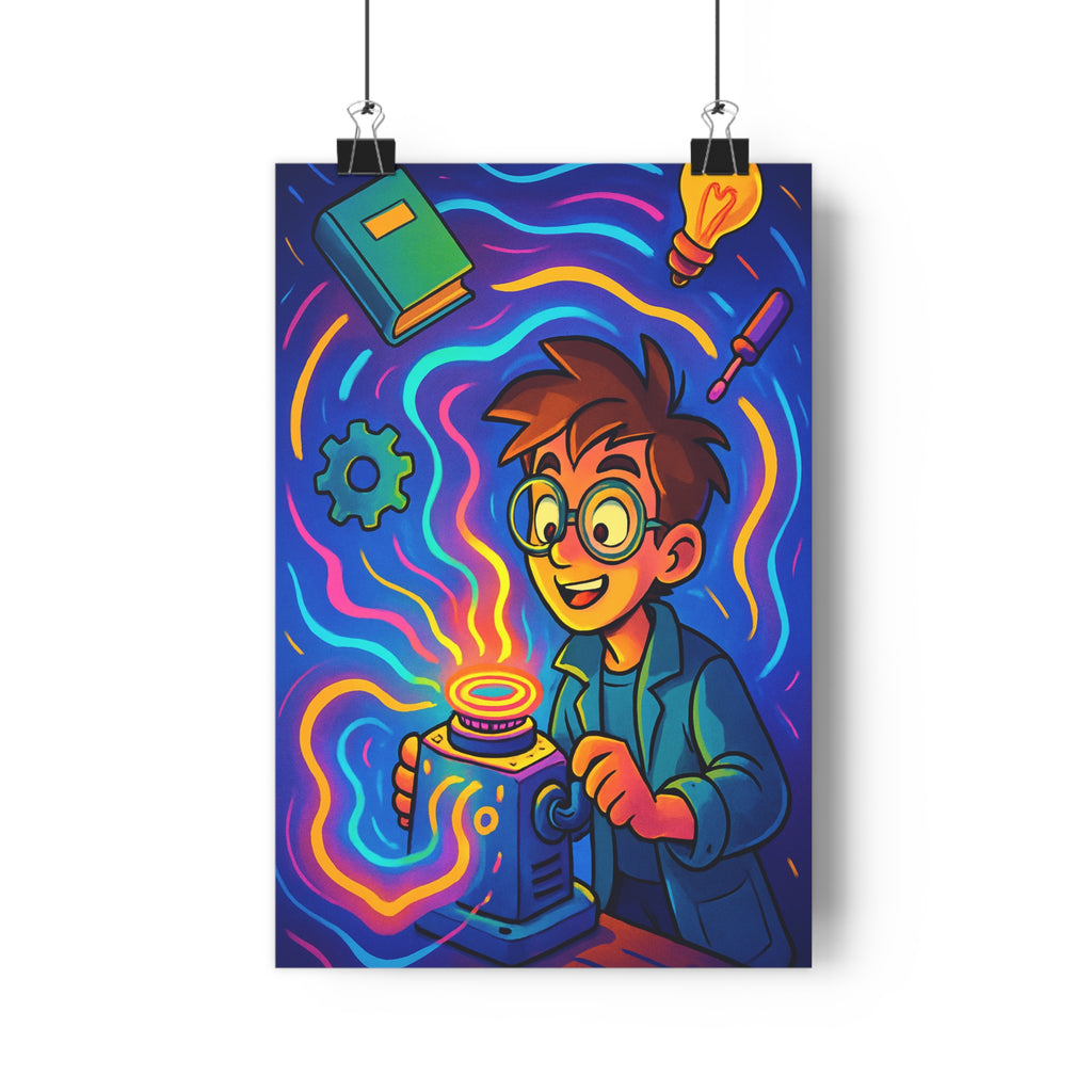 Poster décoratif créatif inventeur machine futuriste bleu orange rose chambre enfant cartoon dynamique qualité