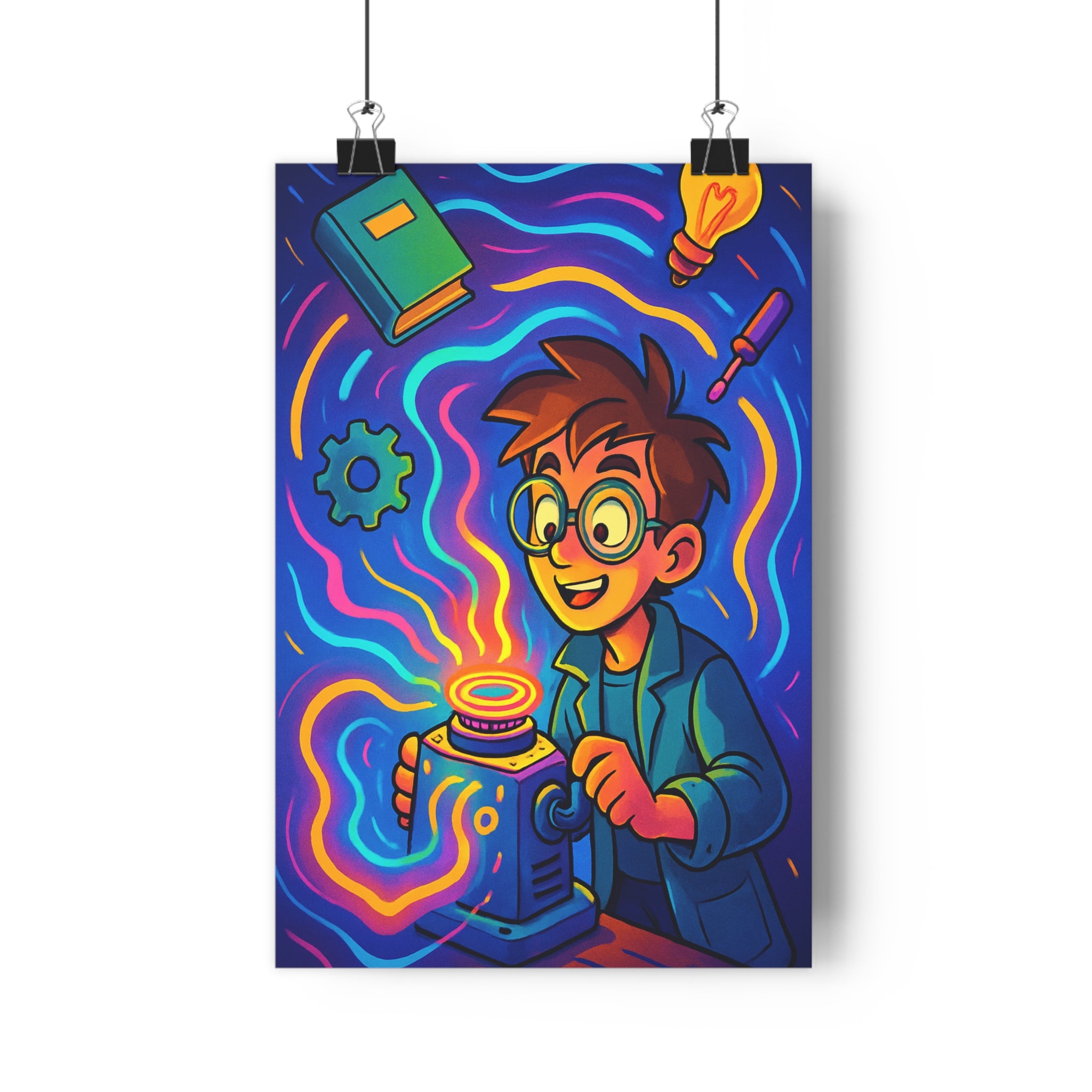 Poster décoratif créatif inventeur machine futuriste bleu orange rose chambre enfant cartoon dynamique qualité