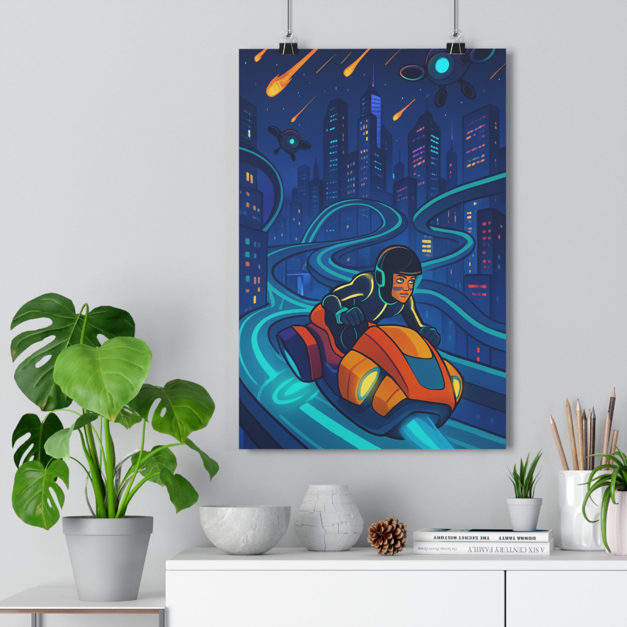 Poster décoratif futuriste moto volante bleu orange jaune cyberpunk chambre gamer dynamique urbain moderne