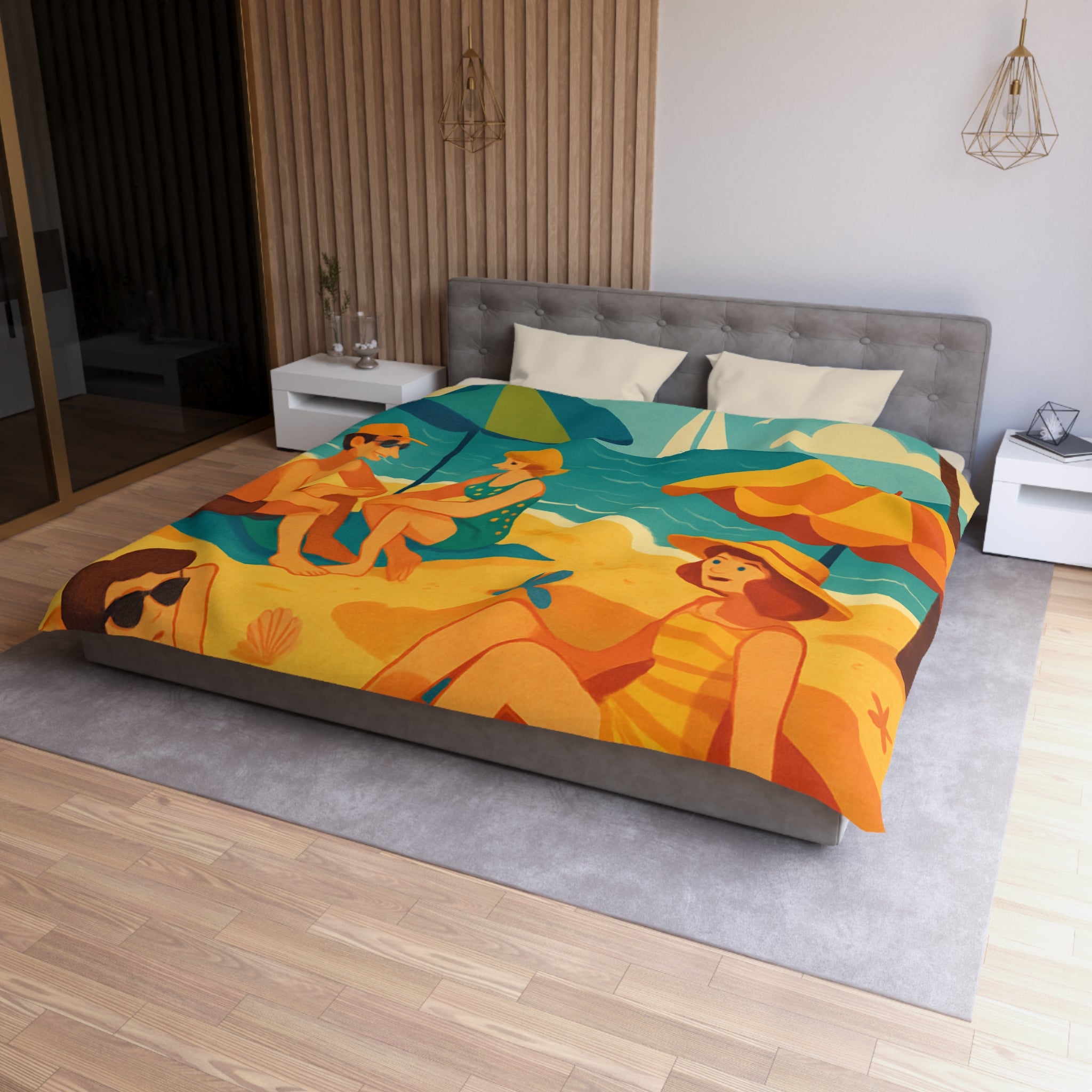 Housse de couette rétro plage colorée avec palmiers, parasols et amis au soleil