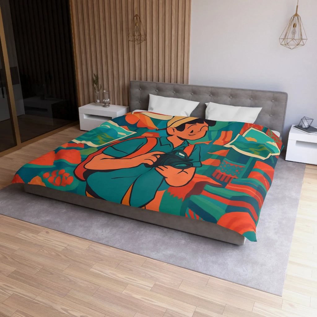 Housse de Couette Colorée avec Voyageur Photographiant un Marché Animé et Vibrant