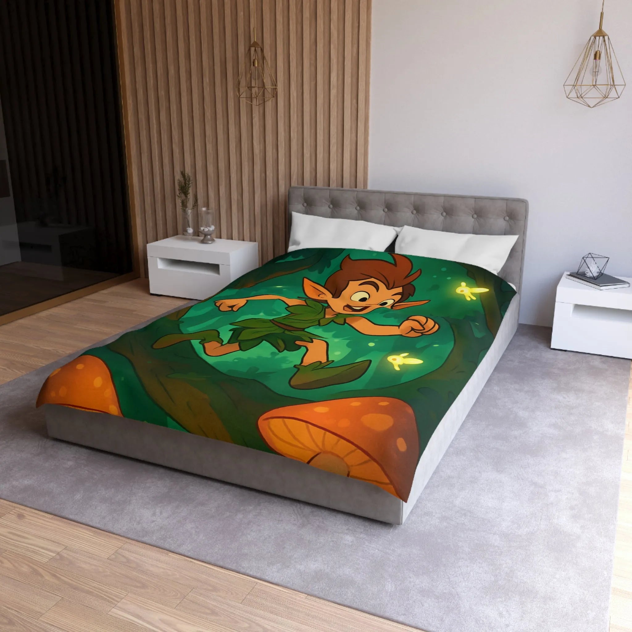 Housse de couette féérique avec elfes sautant parmi champignons lumineux en forêt